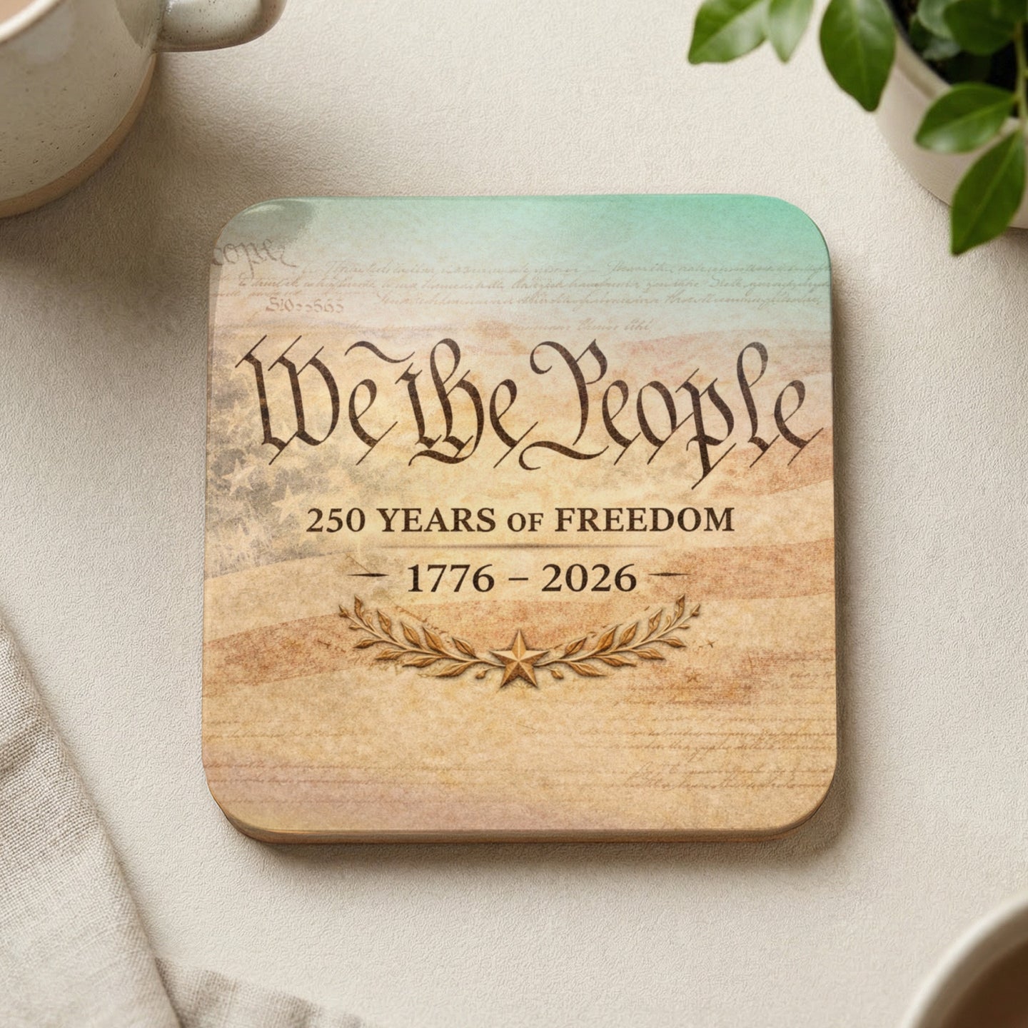 Coaster with "We the People 250 Years of Freedom 1776-2026" text and laurel wreath.