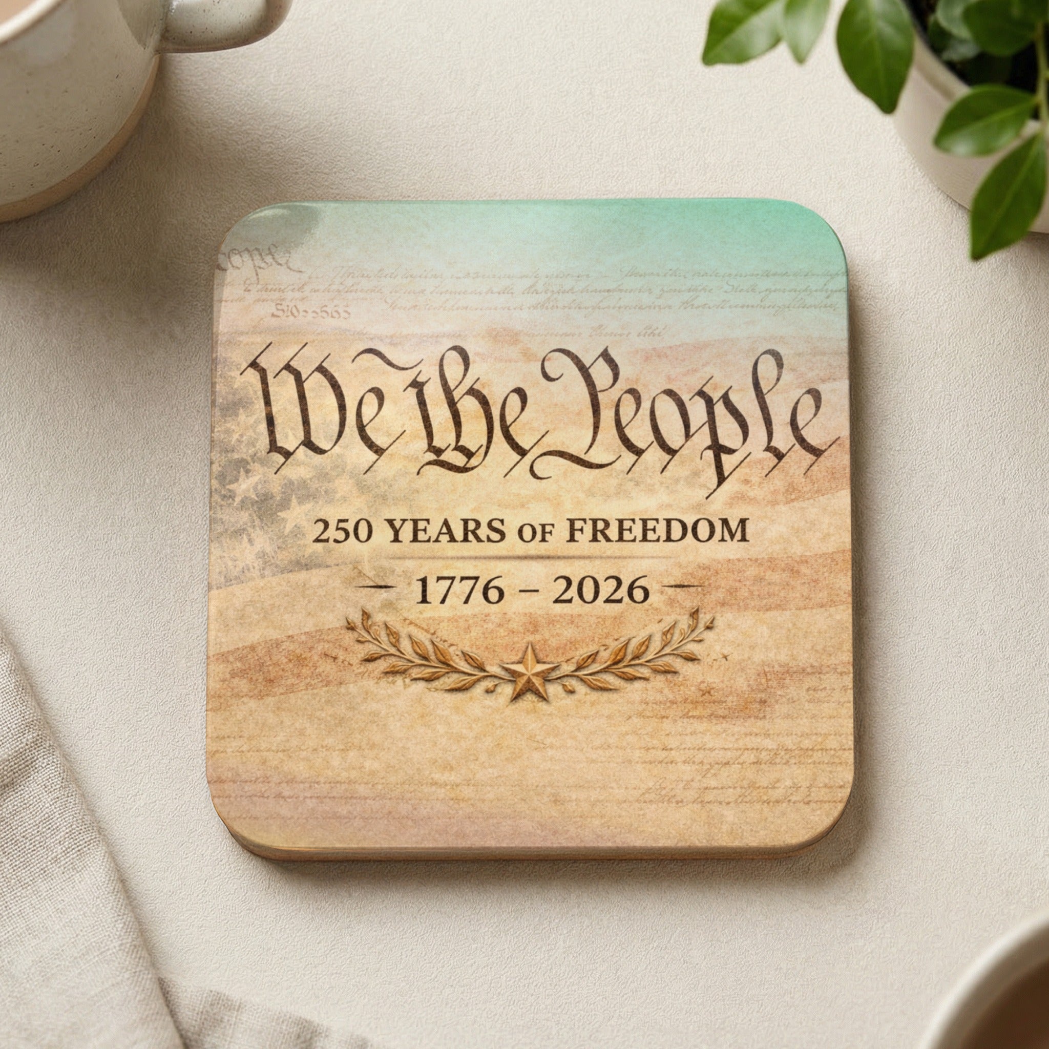 Coaster with "We the People 250 Years of Freedom 1776-2026" text and laurel wreath.