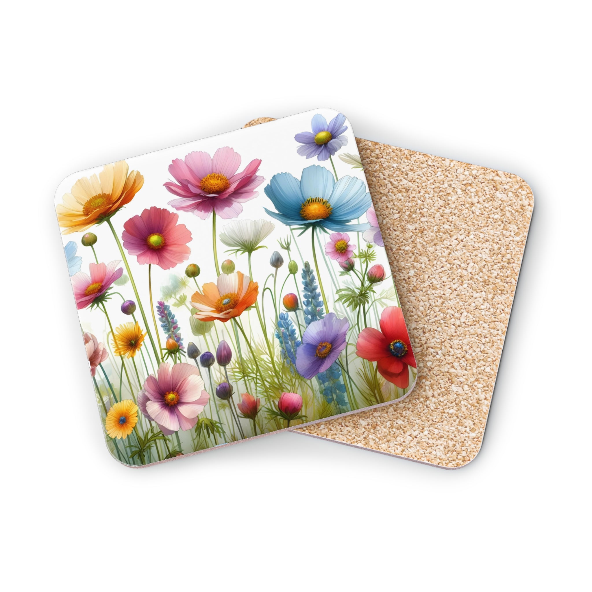 Coasters featuring a watercolor painting of a meadow filled with colorful cosmos flowers.