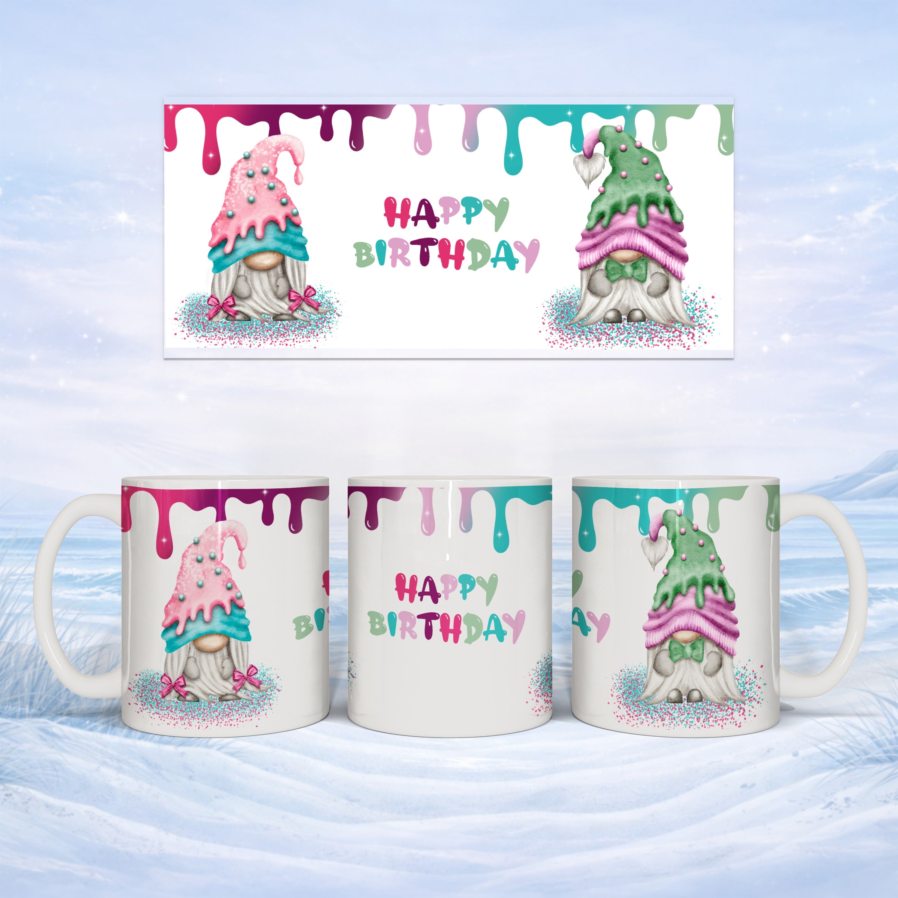Mugs with a gnome wearing a pink and green hat and "Happy Birthday" text.