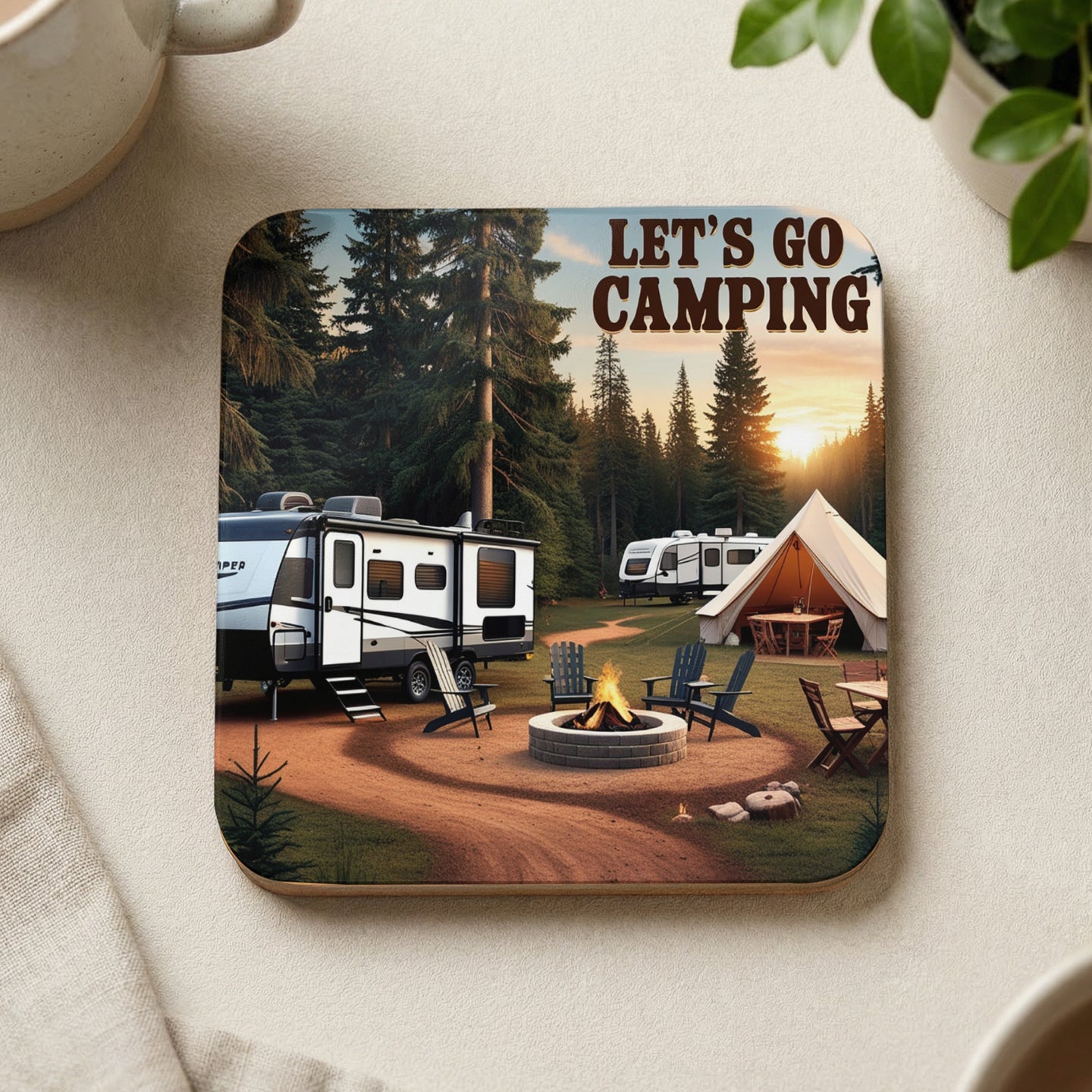 Campground scene with RV, tent, fire pit, chairs, and text "LET'S GO CAMPING".