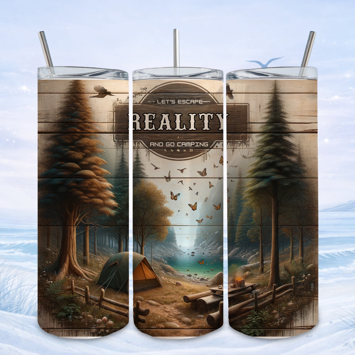 Camping scene with tent and text "REALITY AND GO CAMPING" on wood.
