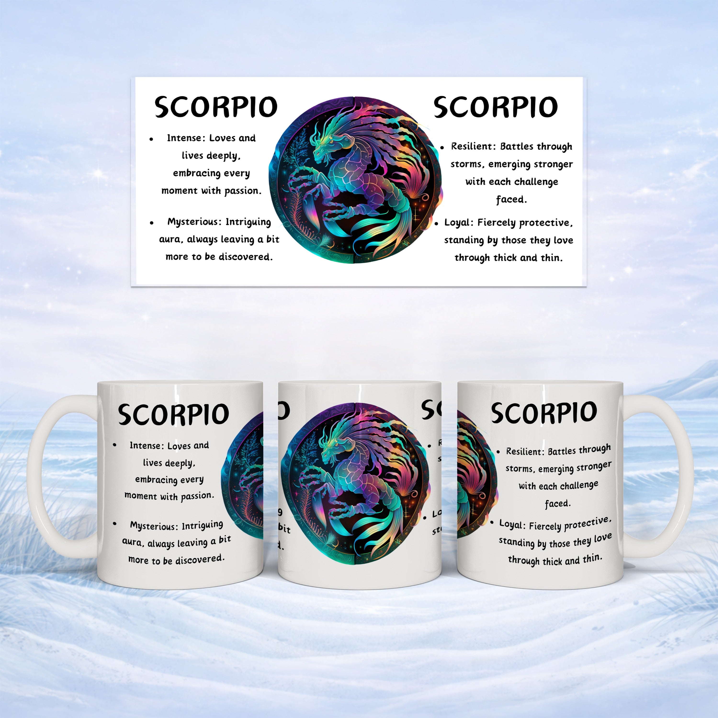 Mugs with Scorpio zodiac sign and descriptive text.