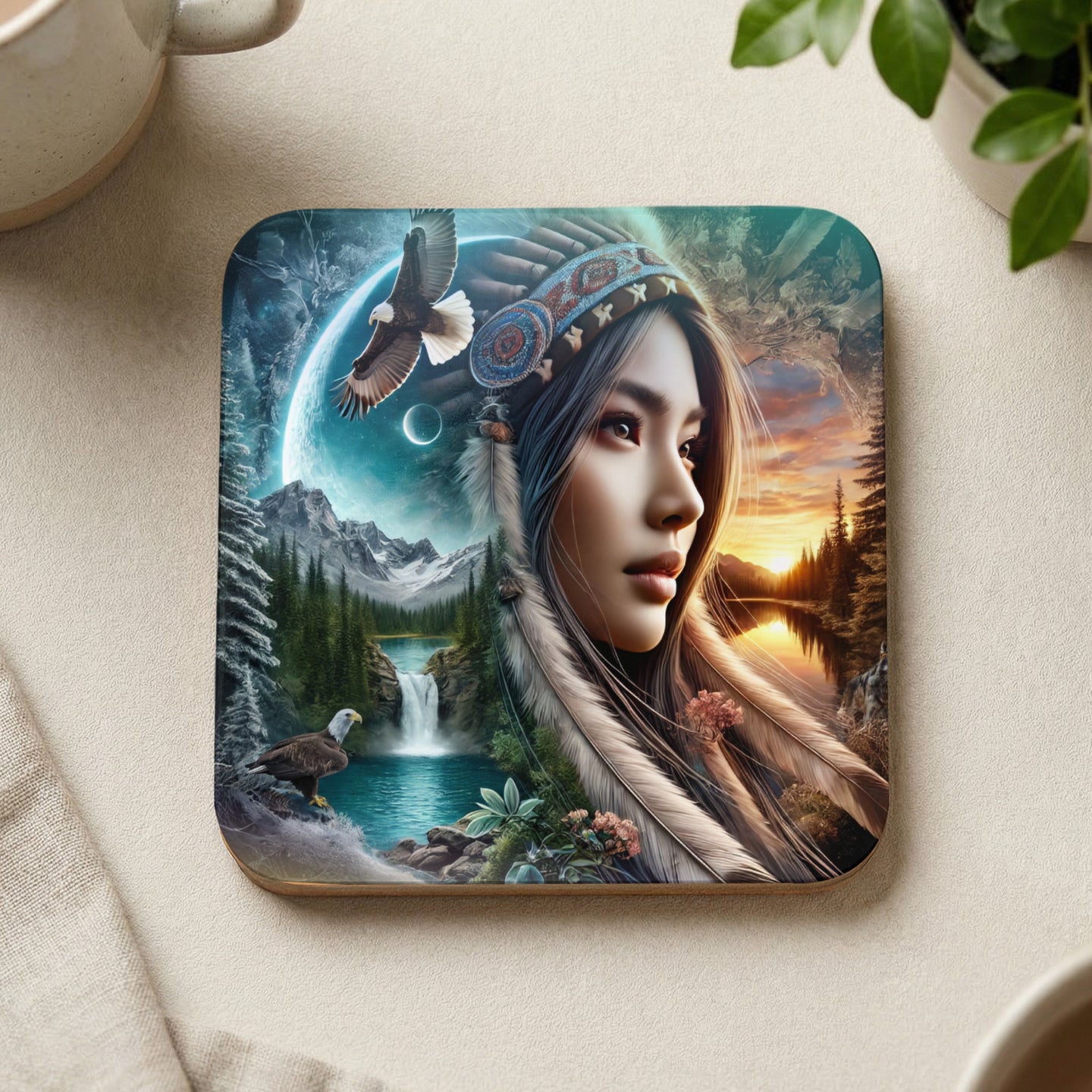 Native American woman with eagle headdress and waterfall landscape.