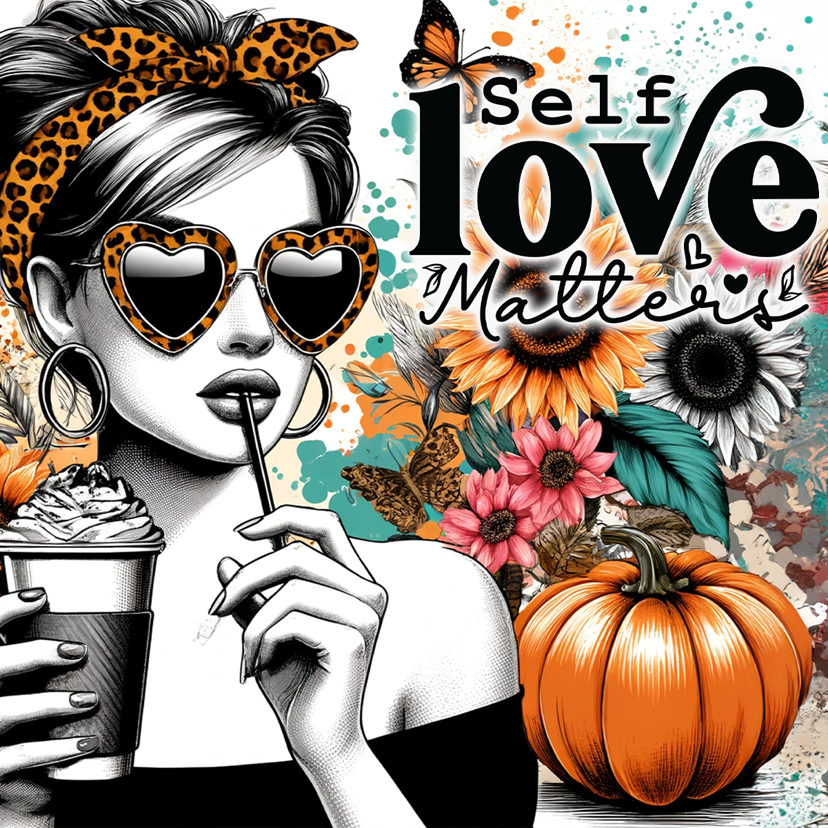 Woman with heart sunglasses drinks from cup, surrounded by flowers and a pumpkin.