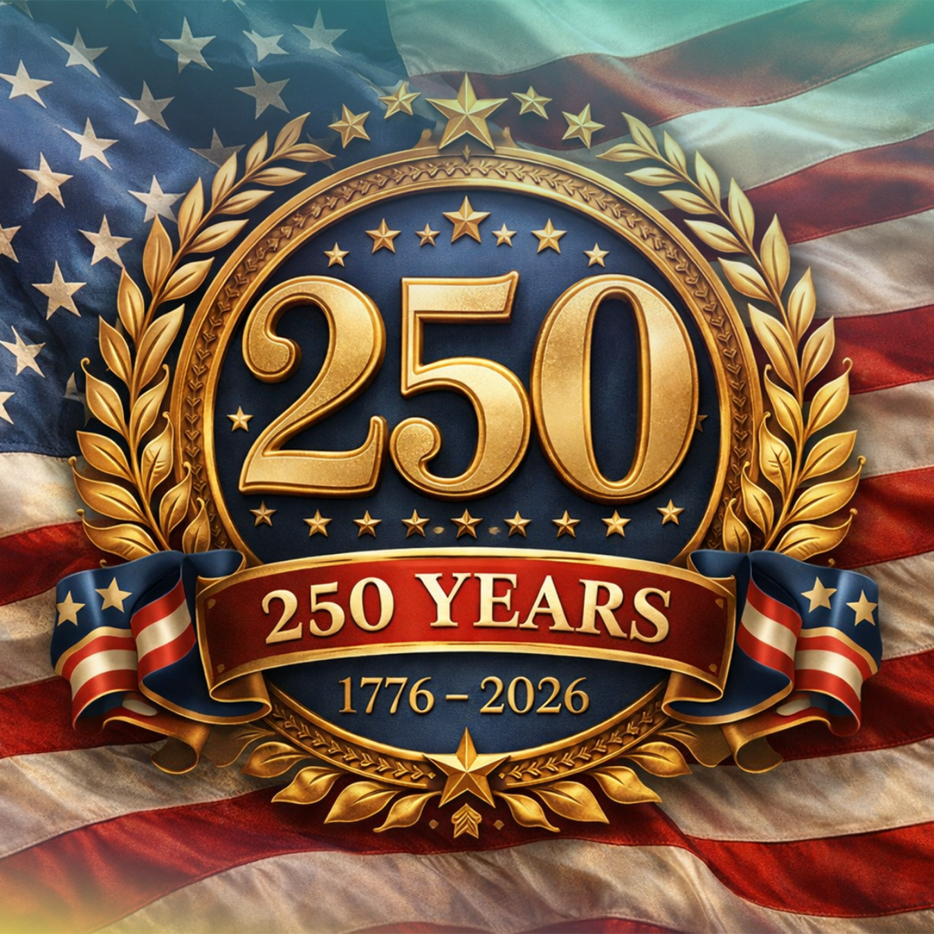 Circular emblem with "250" and "1776-2026" on US flag background.