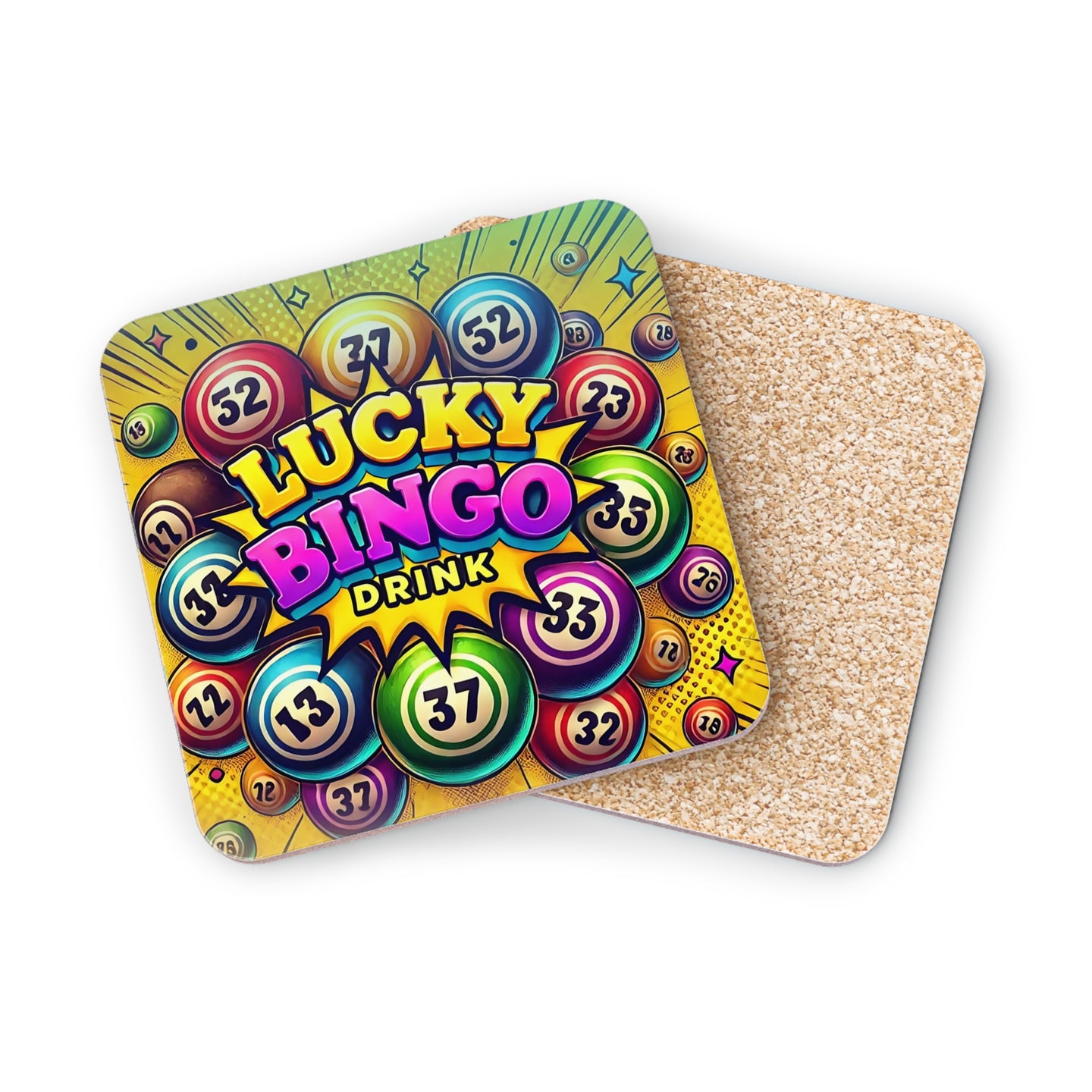 Lucky Bingo Drink coasters with colorful bingo balls and numbers.