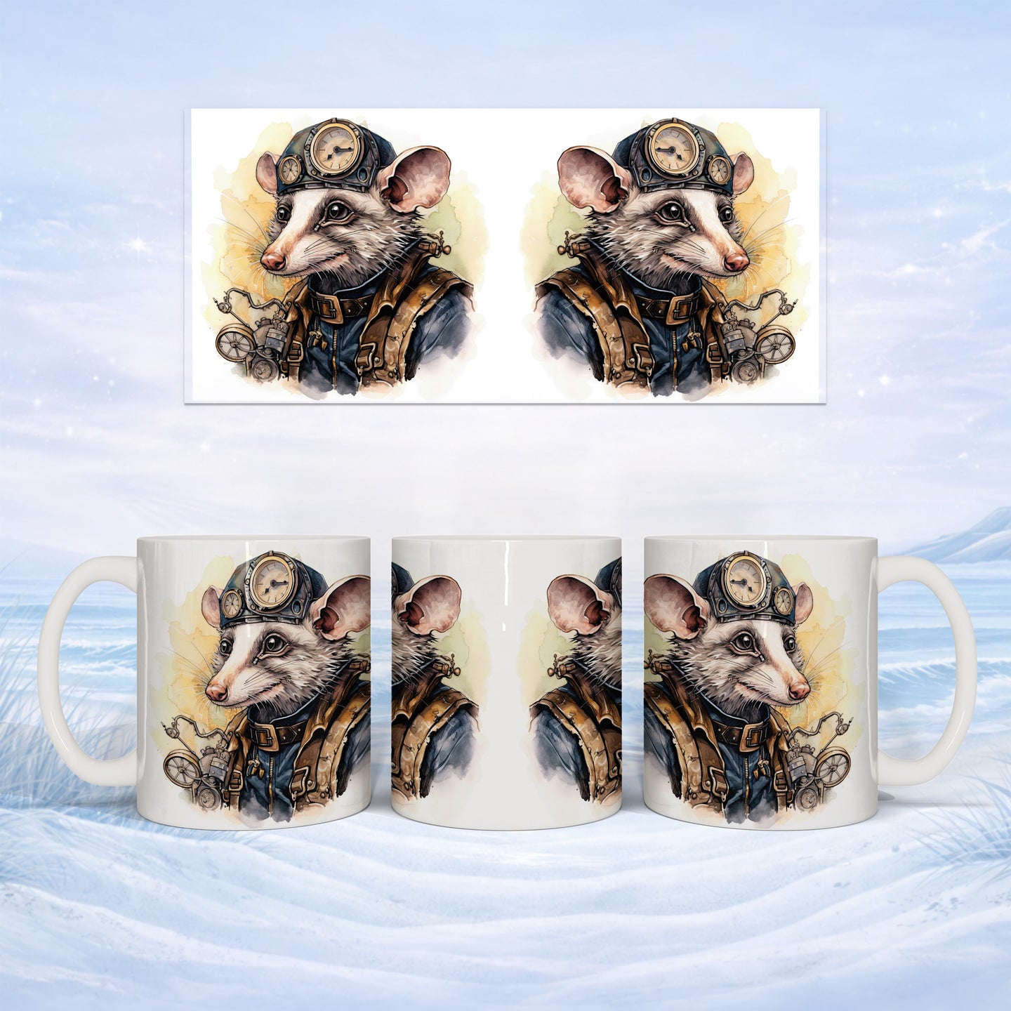 Steampunk mouse wearing goggles and leather vest on a white mug.