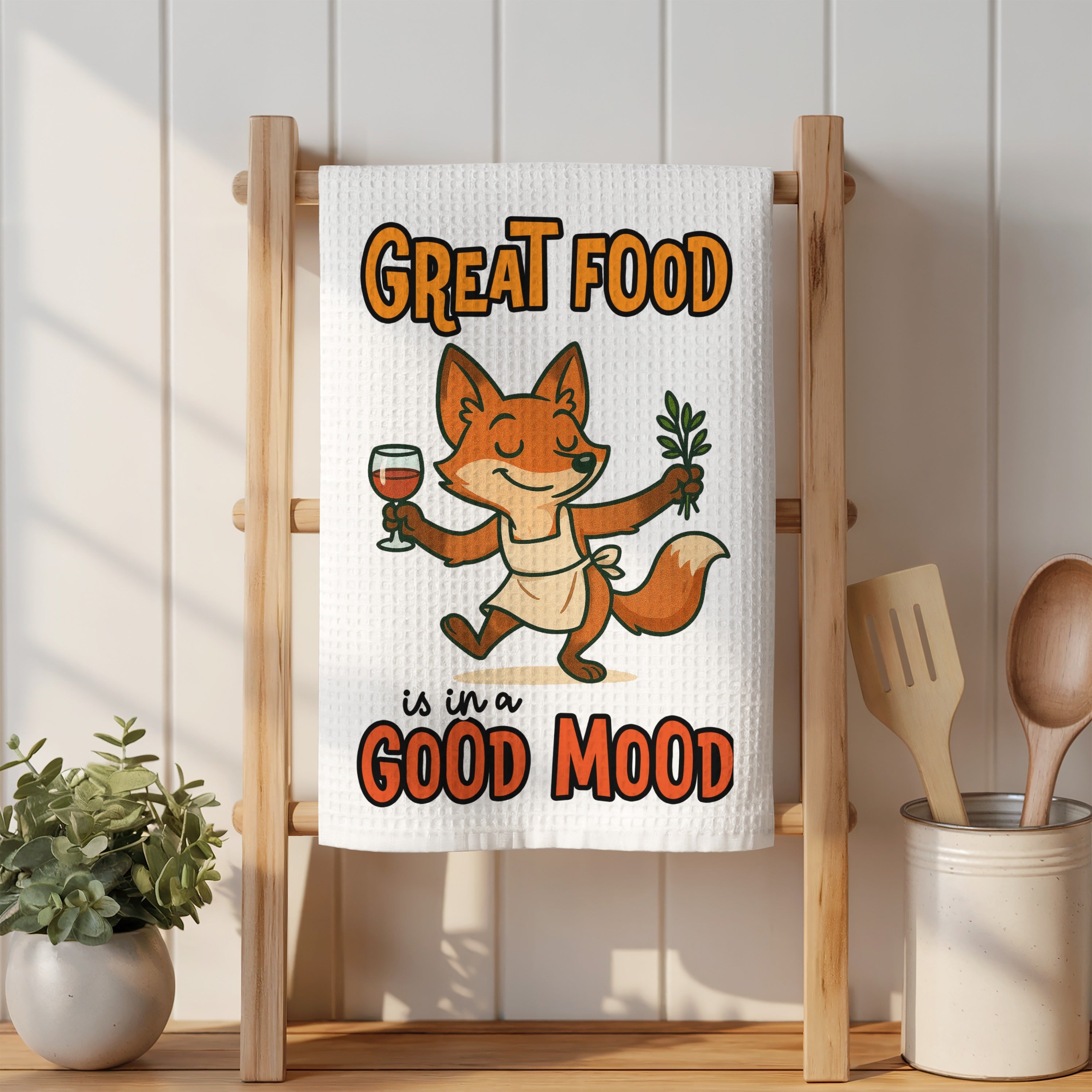 Fox in apron holding wine and herbs, with "Great Food Is In A Good Mood" text.
