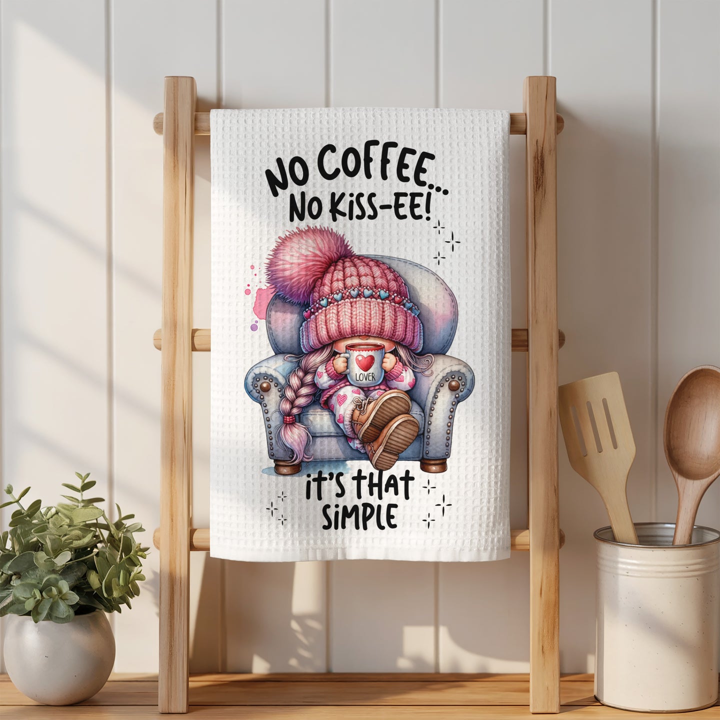 Gnome in pink hat and pajamas sips coffee on armchair with "No coffee... no kiss-ee! it's that simple" text.