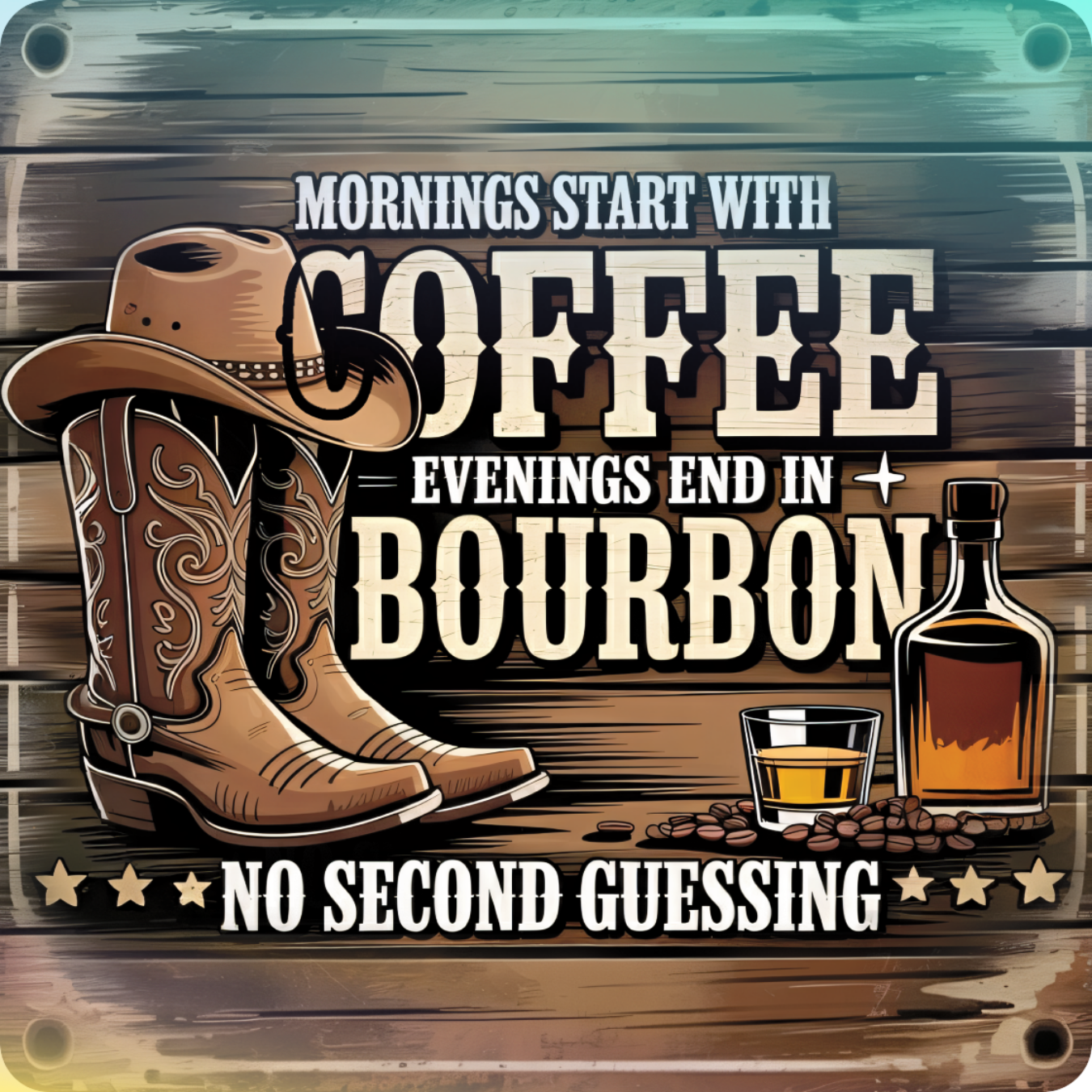 Cowboy boots, hat, coffee, bourbon, and "Mornings Start with Coffee, Evenings End in Bourbon" text.