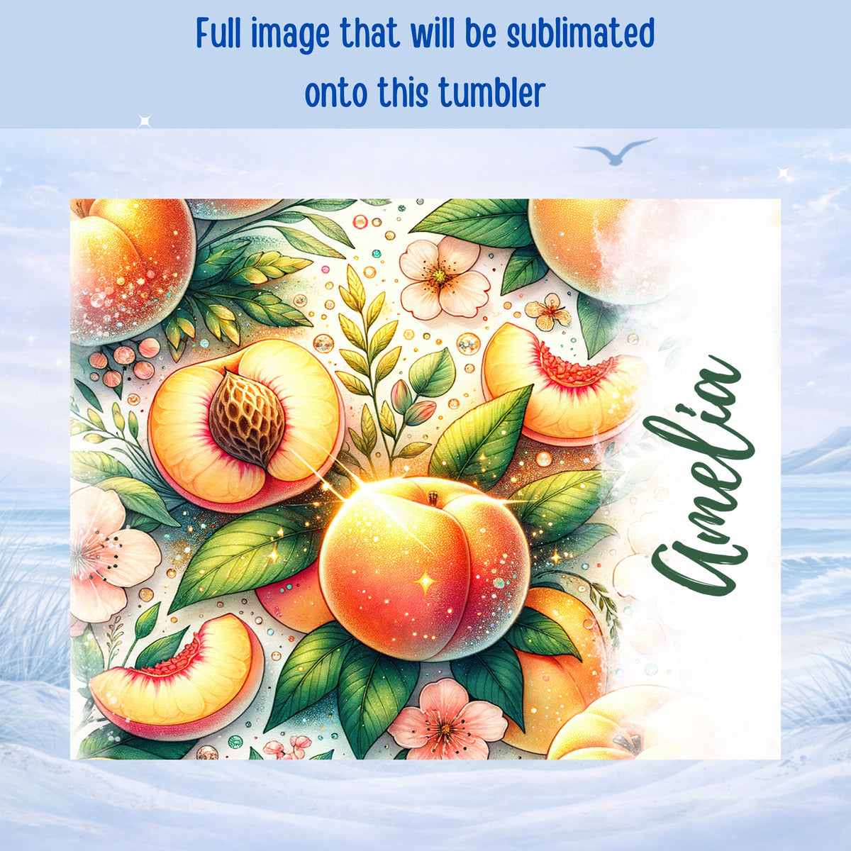 Peaches and flowers design with name "Amelia" for sublimation.