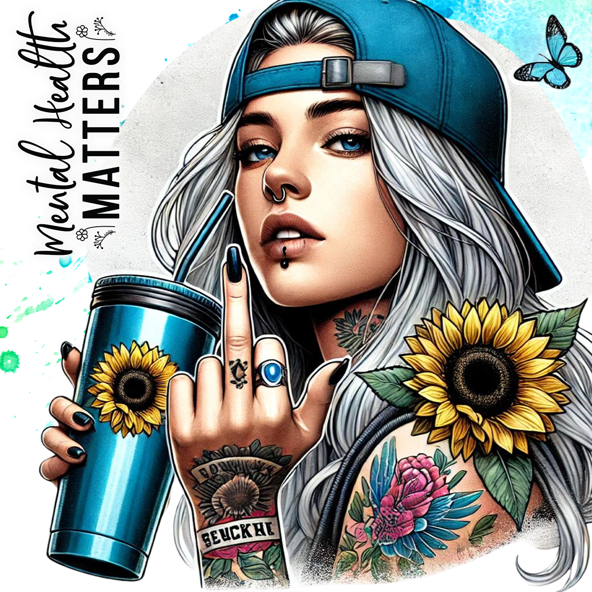 Woman in blue hat with tattoos holding a blue tumbler, "Mental Health Matters" text.