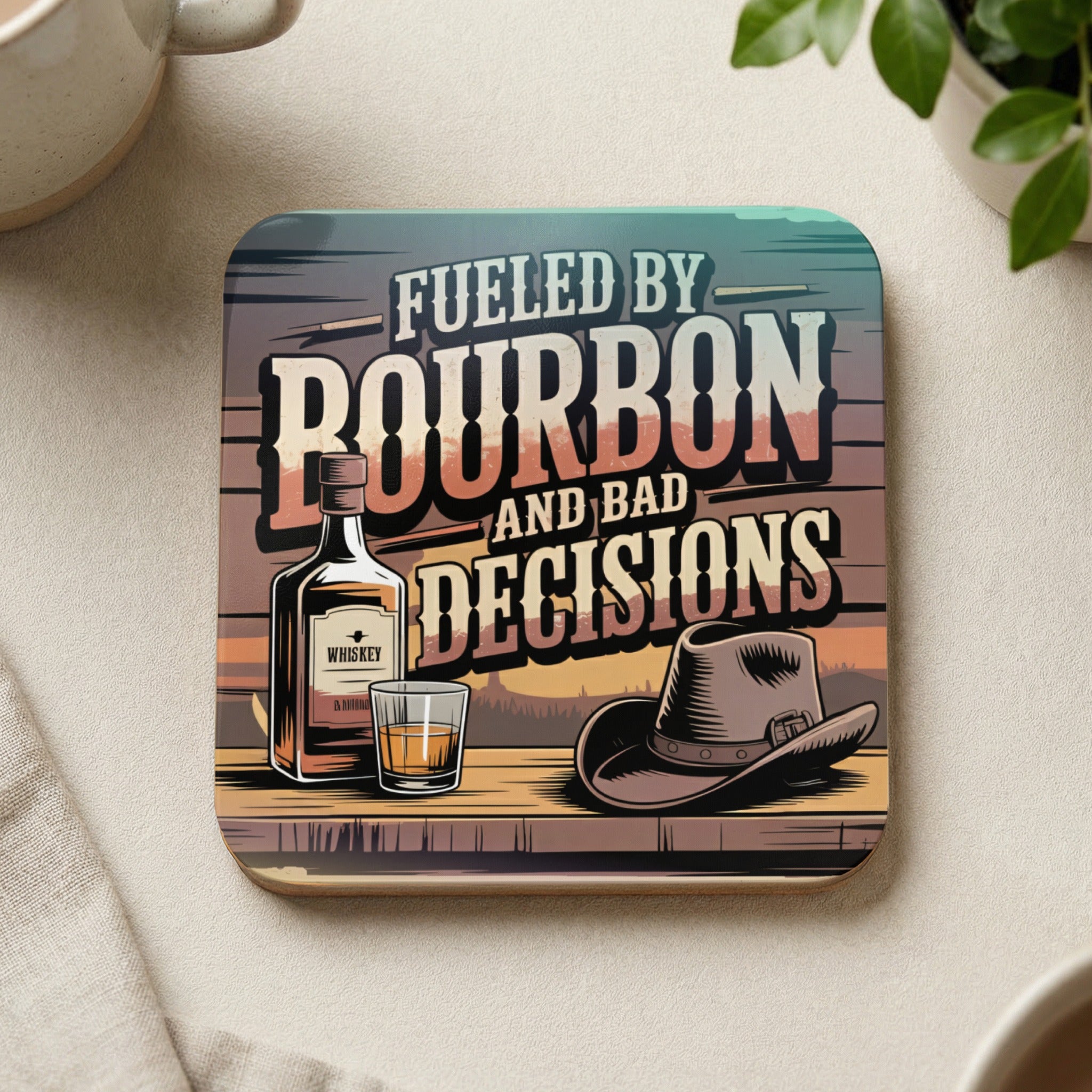 Coaster with "Fueled by Bourbon and Bad Decisions" text, whiskey bottle, and cowboy hat.