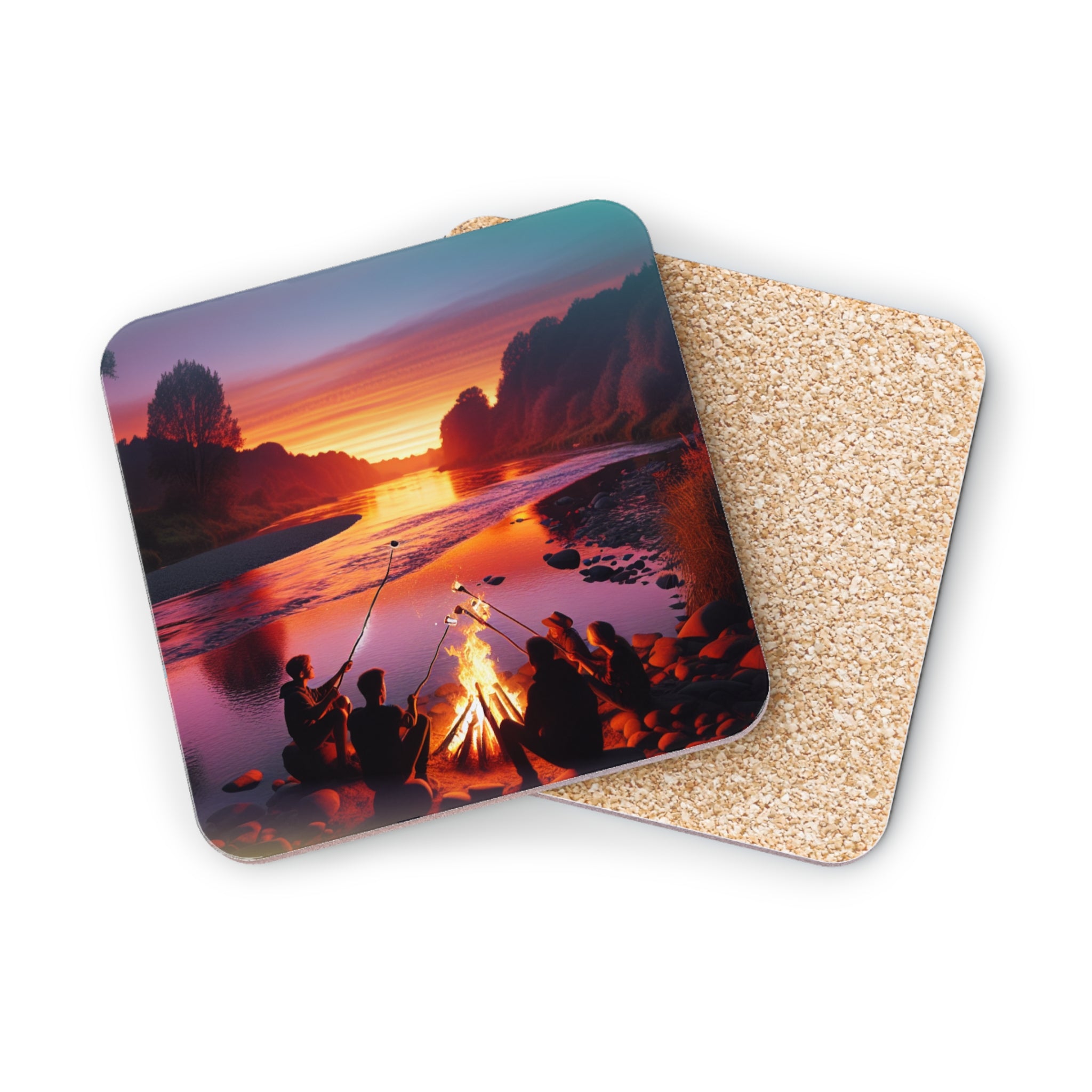 Campfire scene on a river at sunset, printed on a cork coaster.
