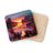 Campfire scene on a river at sunset, printed on a cork coaster.