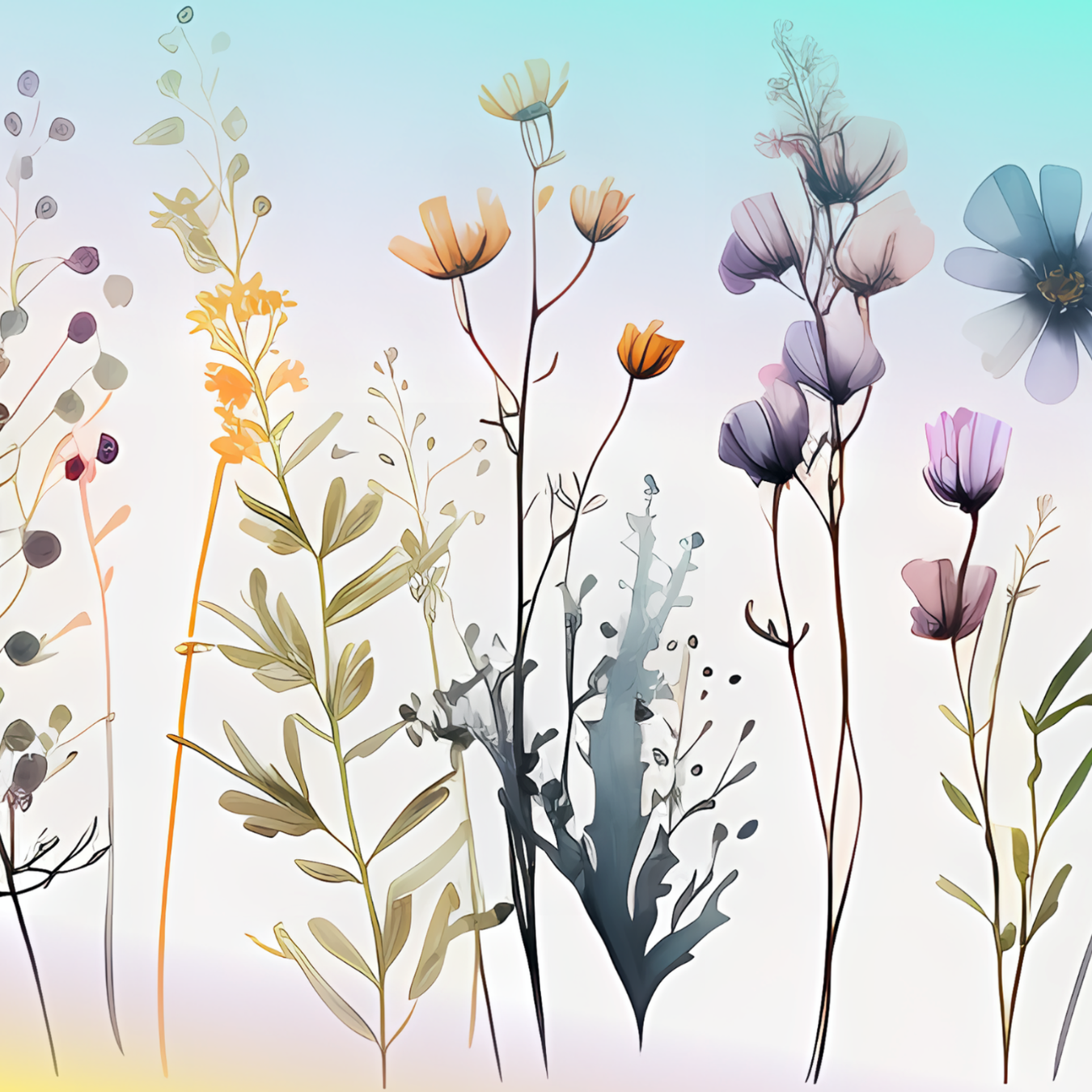 Watercolor illustrations of delicate wildflowers and grasses on a white background.