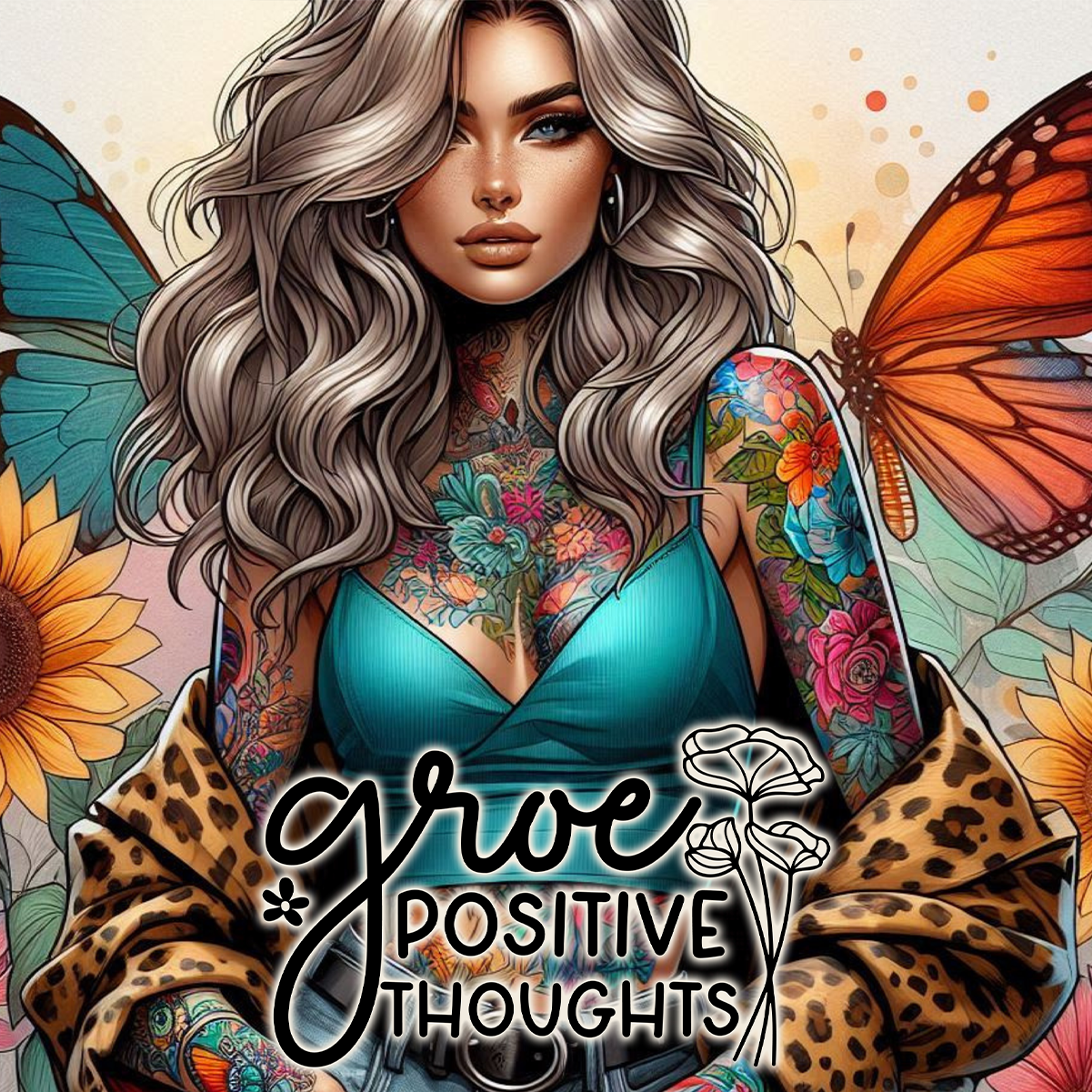 Tattooed woman with butterfly wings and floral accents, text "Grow Positive Thoughts".