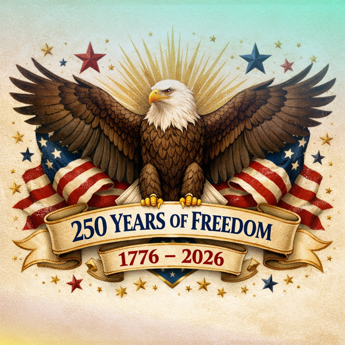 Eagle with outstretched wings and US flags, "250 Years of Freedom 1776-2026".