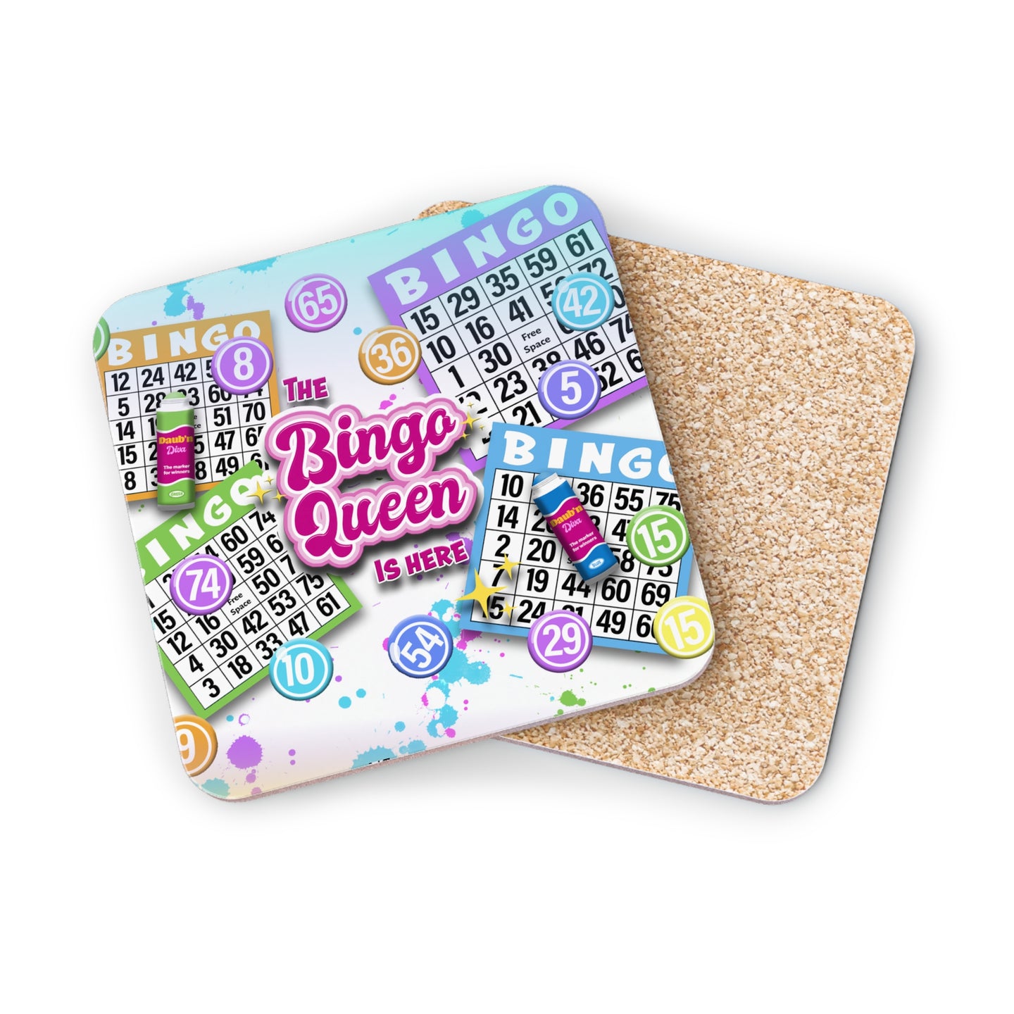 Two bingo card coasters, one labeled "Bingo Queen," with colorful, abstract designs.