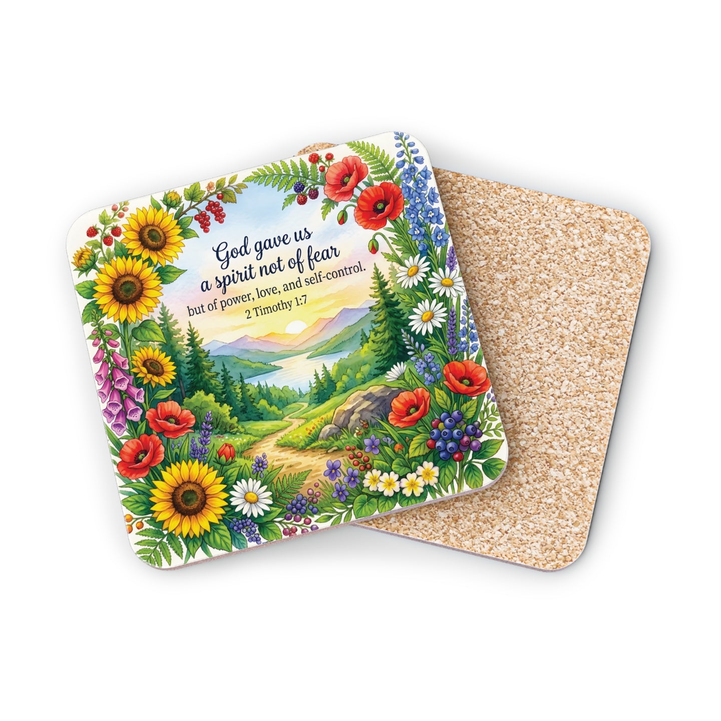 Coaster with "God gave us a spirit not of fear but of power, love, and self-control. 2 Timothy 1:7" and floral design.