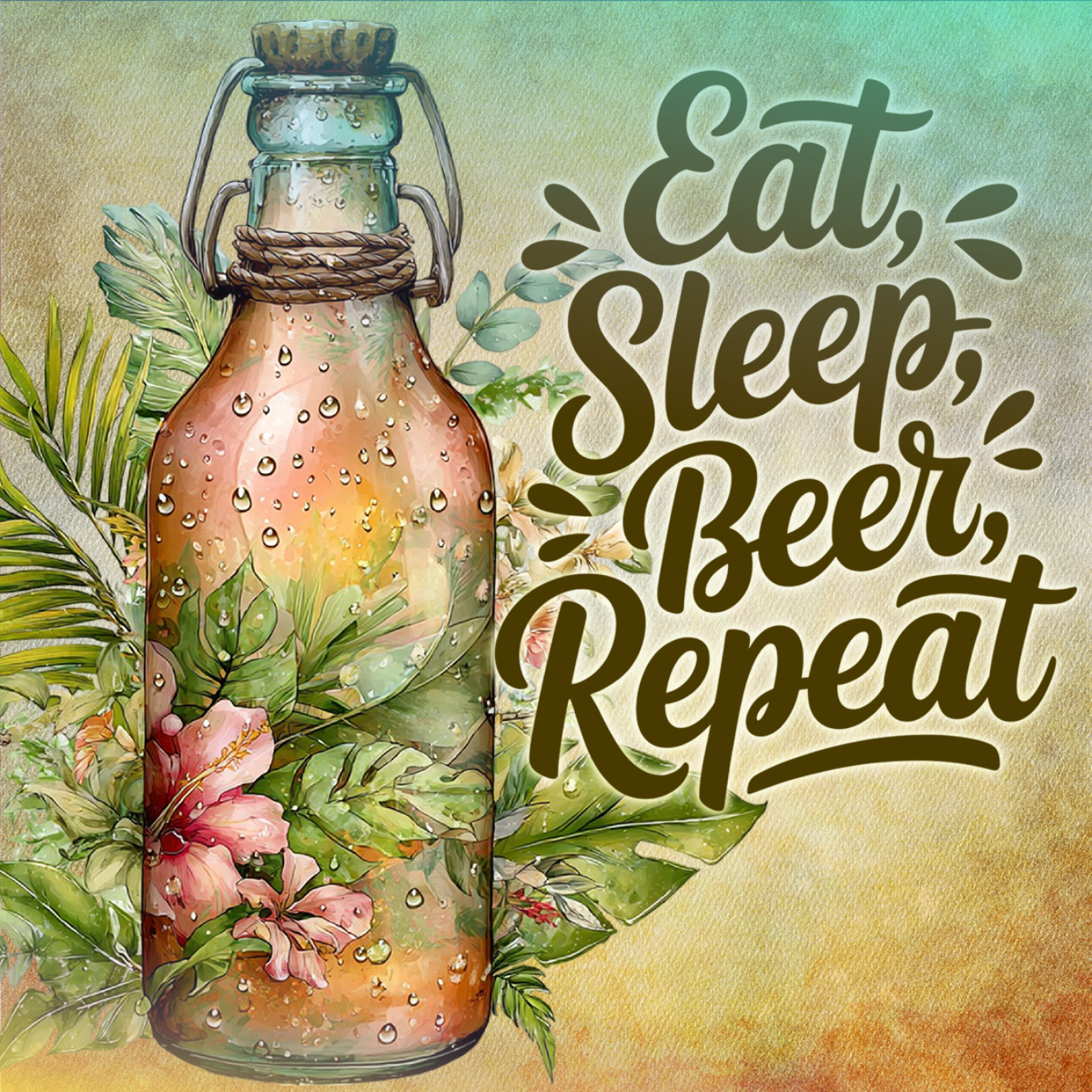 Glass bottle with floral and tropical leaves, "Eat, Sleep, Beer, Repeat" text.