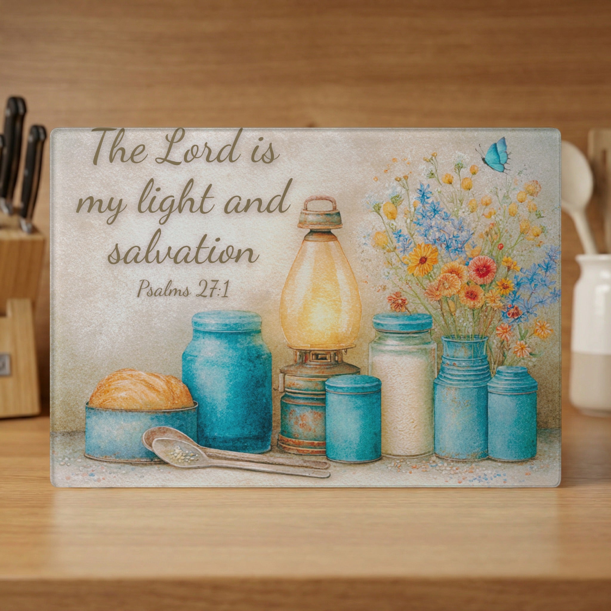 Glass cutting board with rustic jars, oil lamp, flowers, and Bible verse "The Lord is my light and salvation".