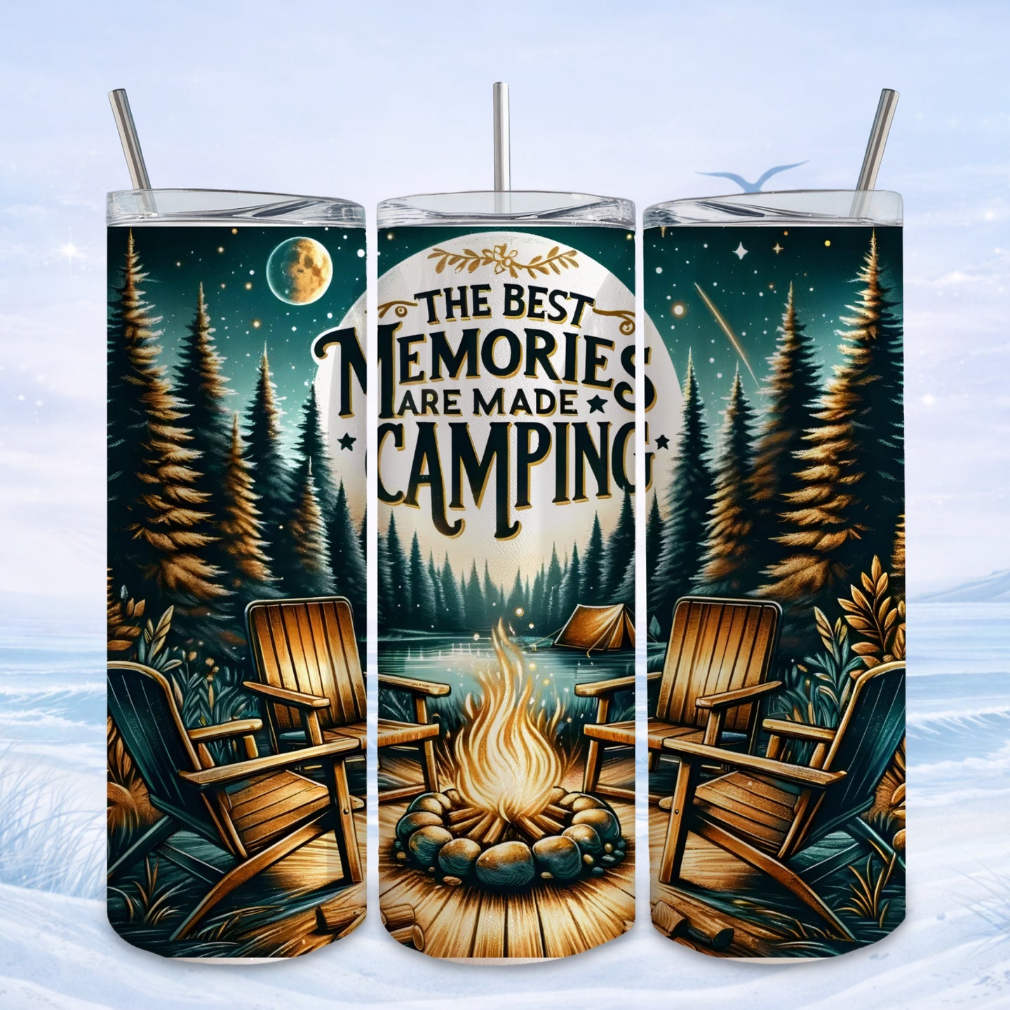 Camping scene with Adirondack chairs around a campfire under starry sky.