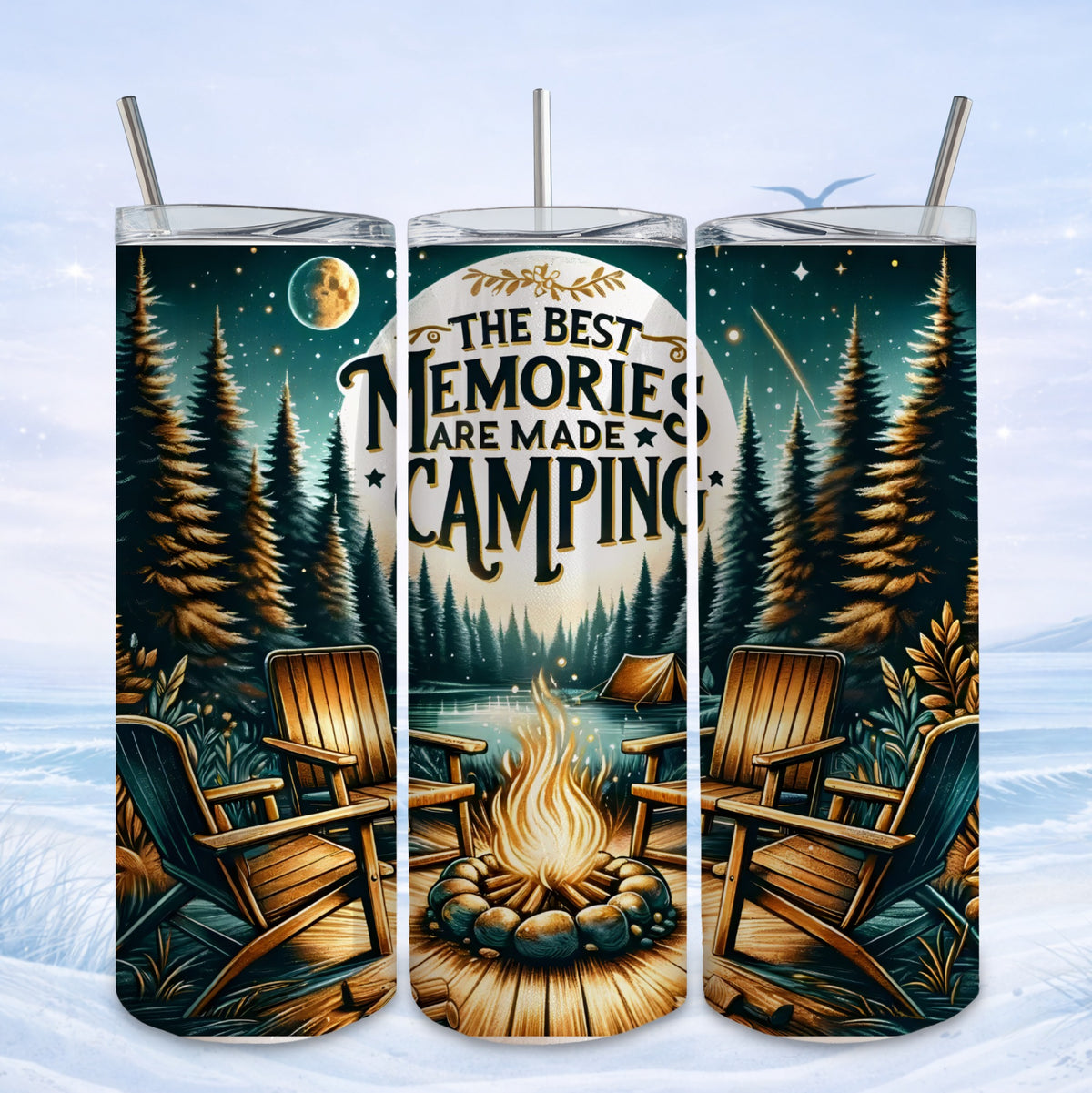Camping scene with Adirondack chairs around a campfire under starry sky.