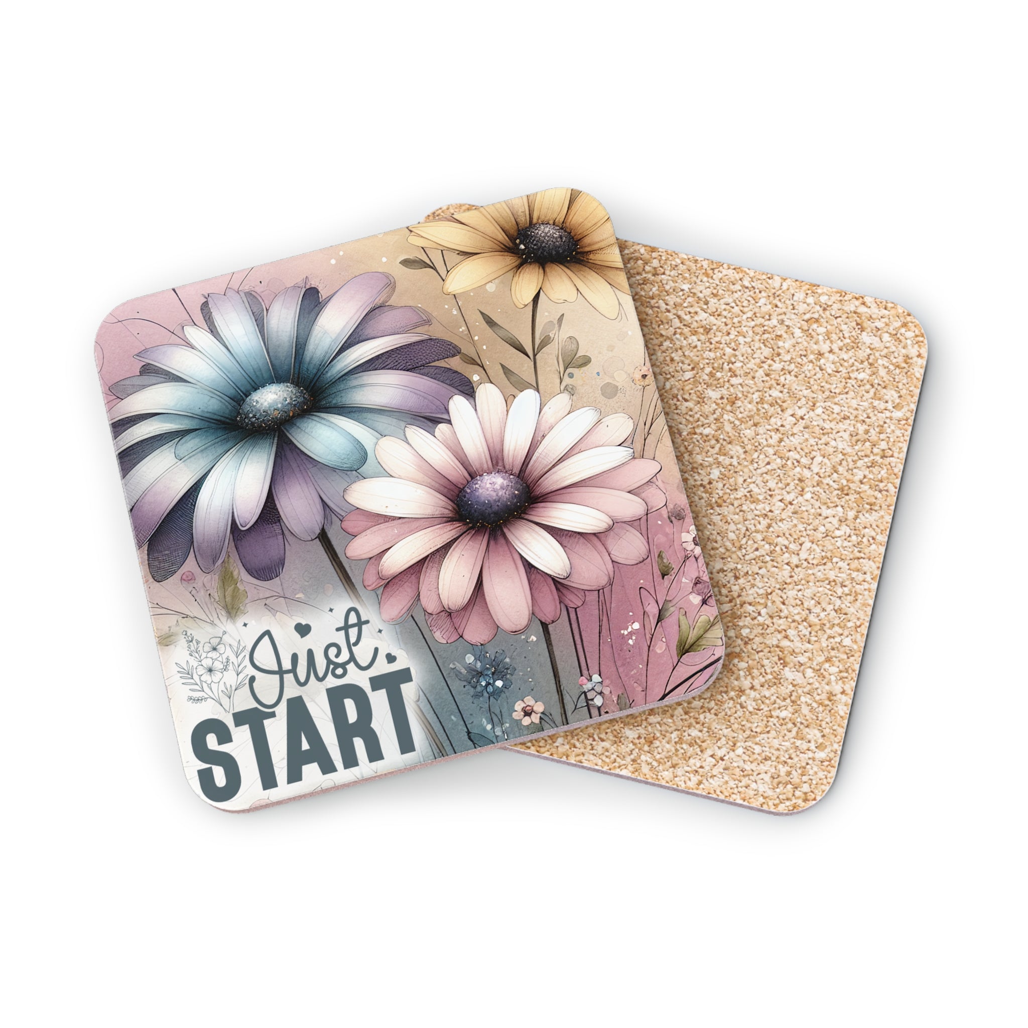 Two square coasters with floral designs and the text "Just Start".