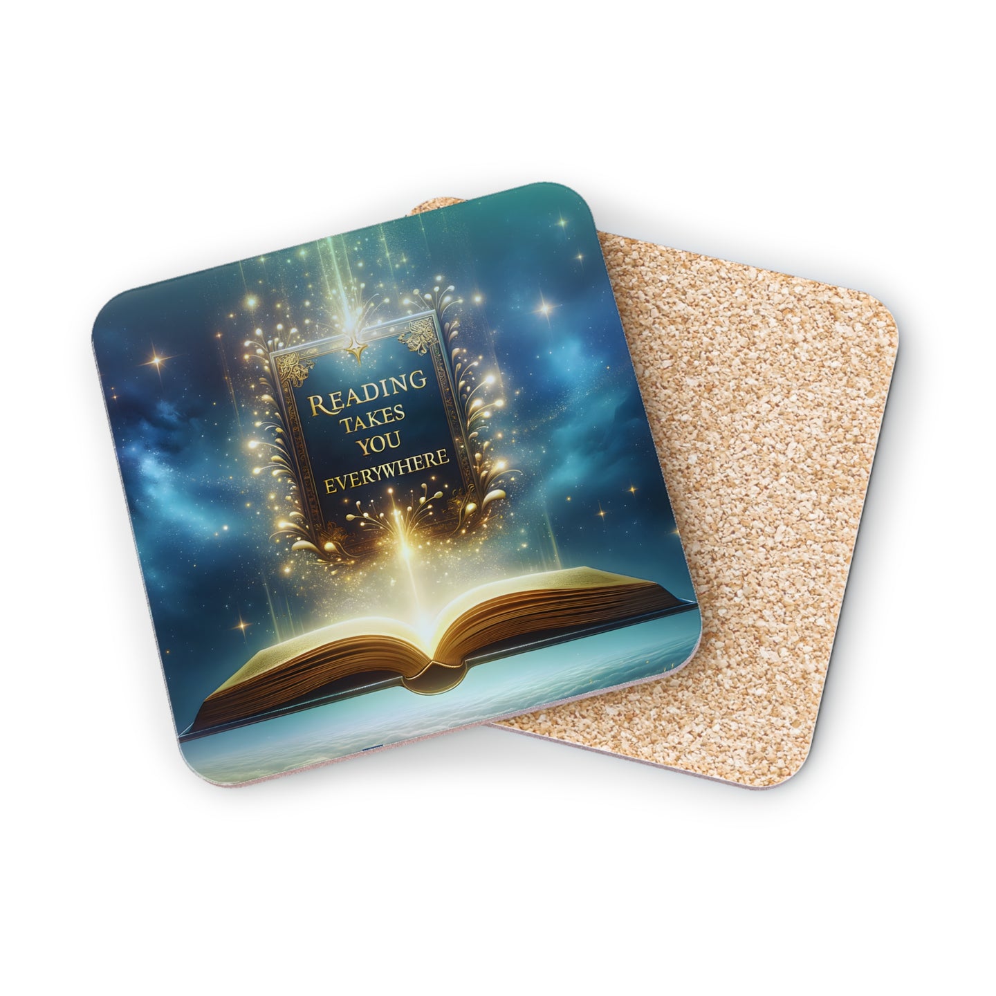 Open book with glowing light and text "Reading Takes You Everywhere".
