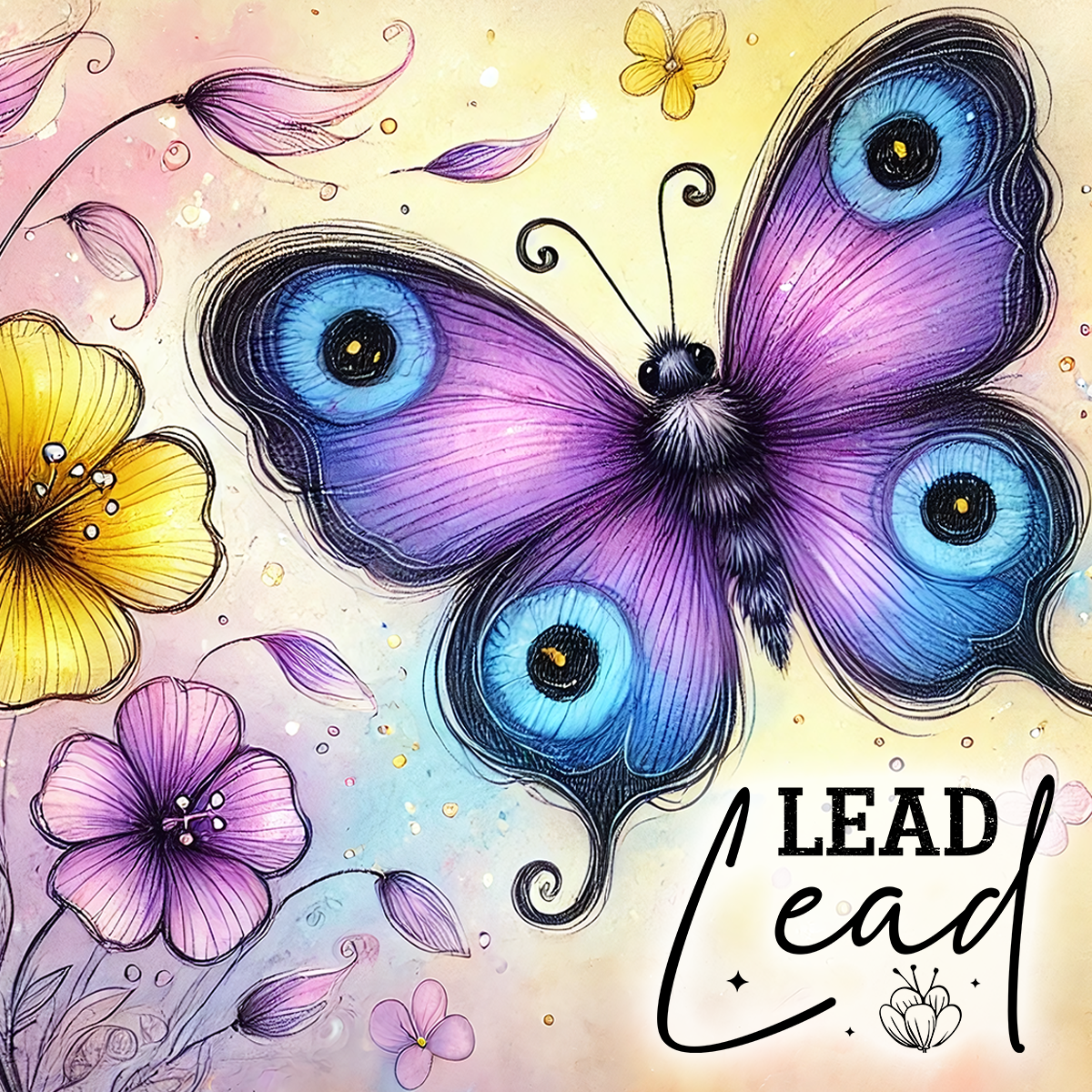 Purple butterfly with blue eyes, surrounded by flowers and the word "Lead".