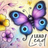 Purple butterfly with blue eyes, surrounded by flowers and the word "Lead".