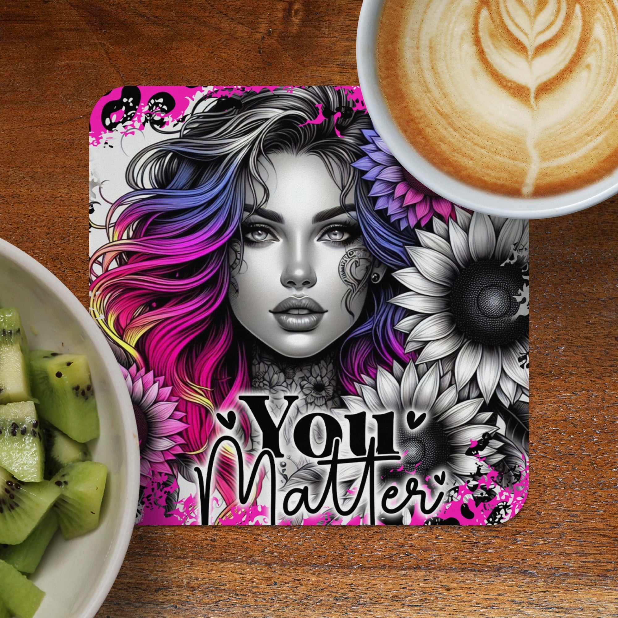 Woman with vibrant pink and purple hair and floral designs, "You Matter" text.