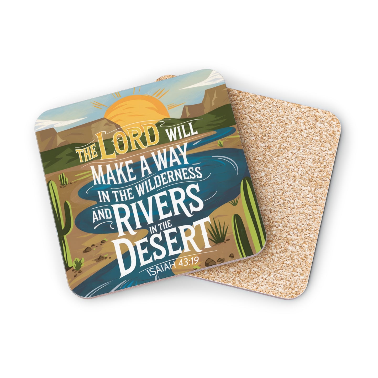 Coaster with desert scene and Isaiah 43:19 Bible verse.