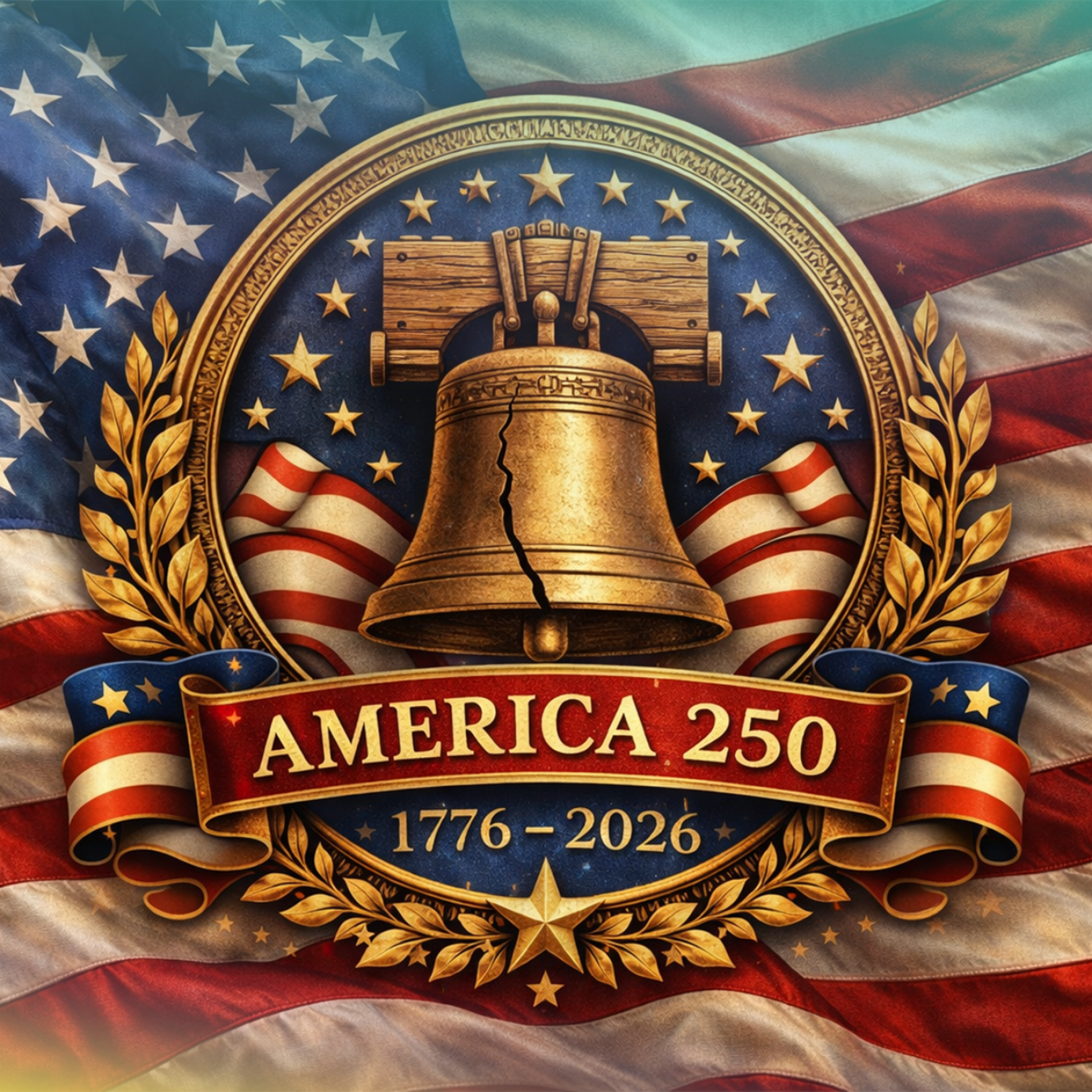 The Liberty Bell with "AMERICA 250 1776-2026" text against the US flag.