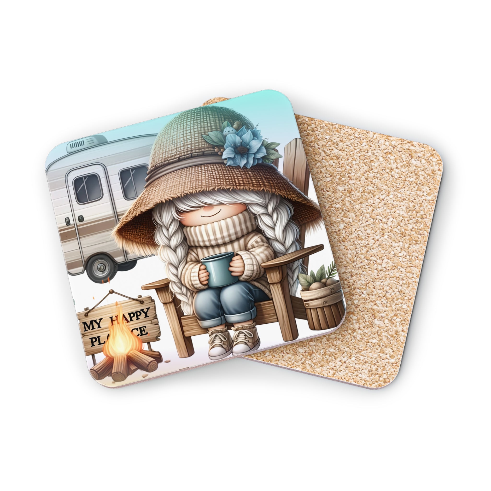 Caravan, campfire, and gnome in hat holding mug on wooden chair.
