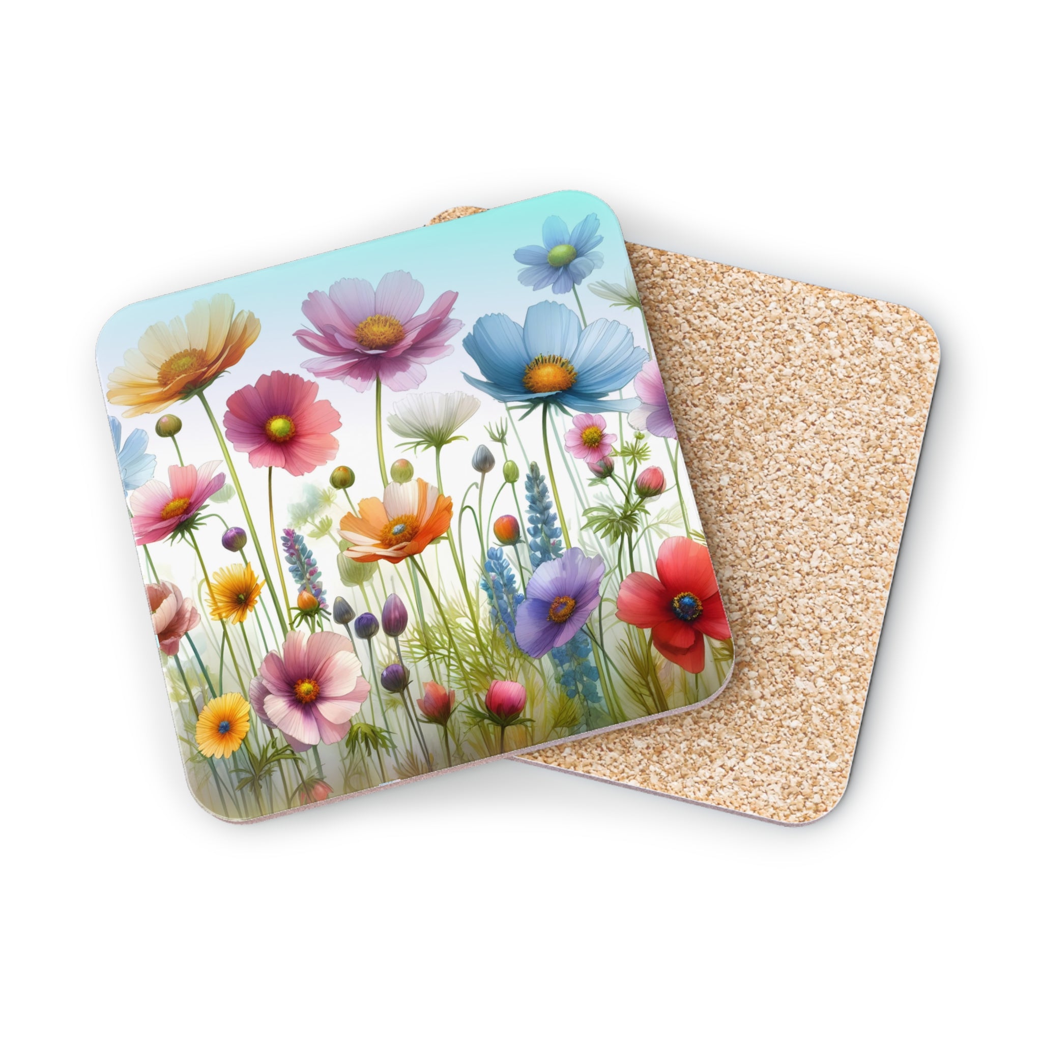 Watercolor wildflowers on a round coaster with cork backing.