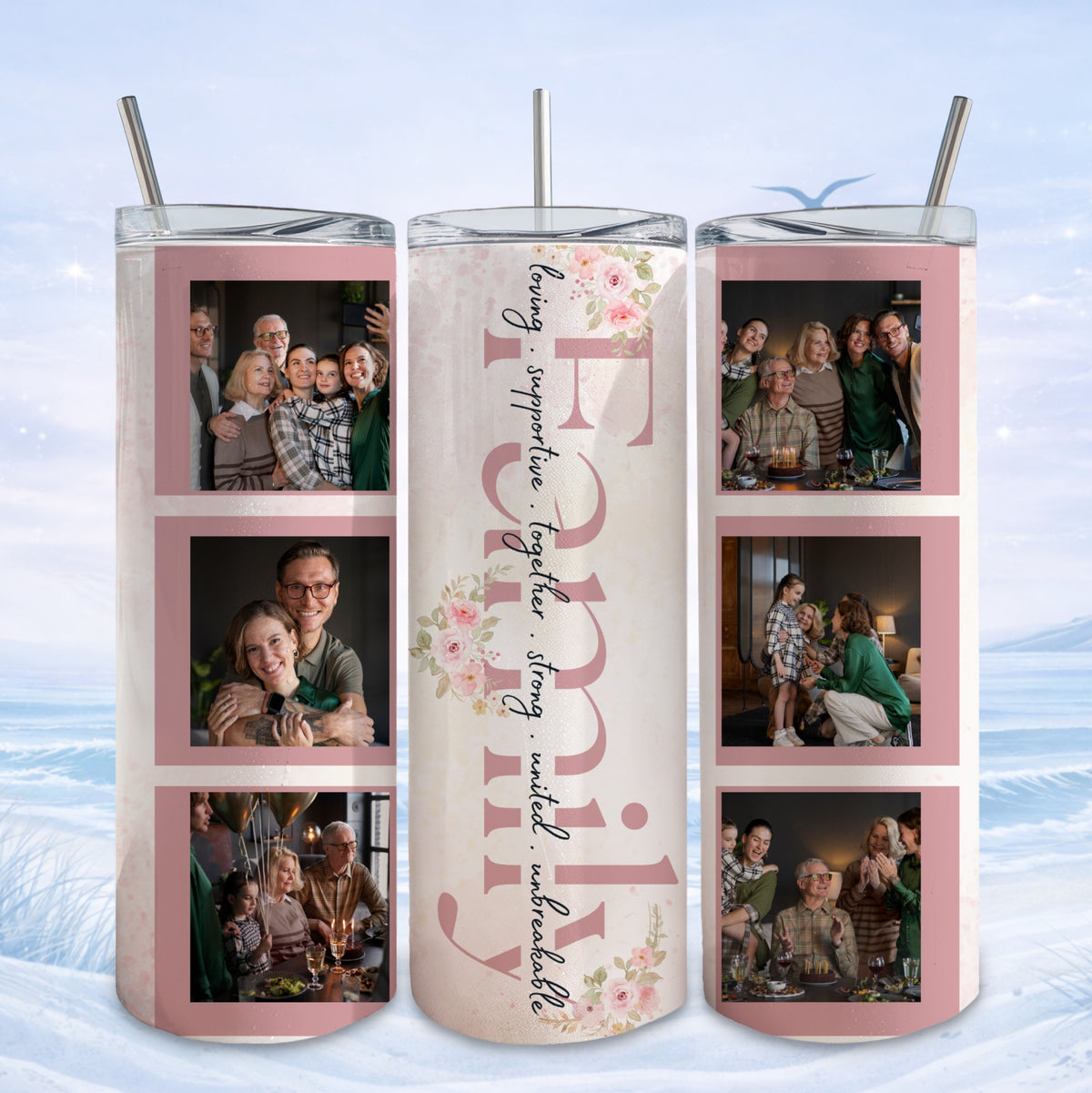 Family collage on a pink tumbler with floral accents.