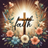 Wooden cross with "faith" written over it, surrounded by flowers and glowing light.