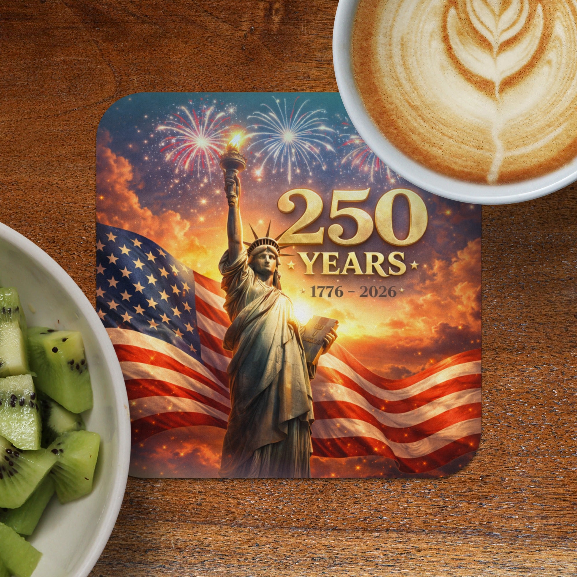 Statue of Liberty with American flag, fireworks, and "250 Years 1776-2026" text.