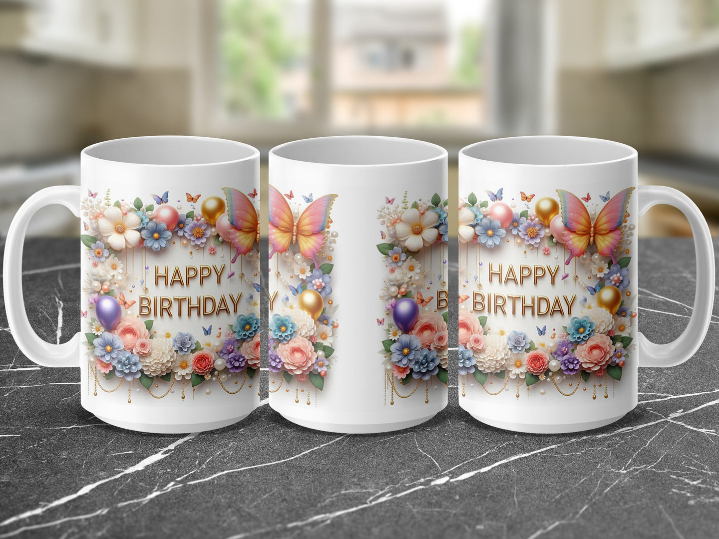 Three white mugs with "Happy Birthday" text and floral decorations.