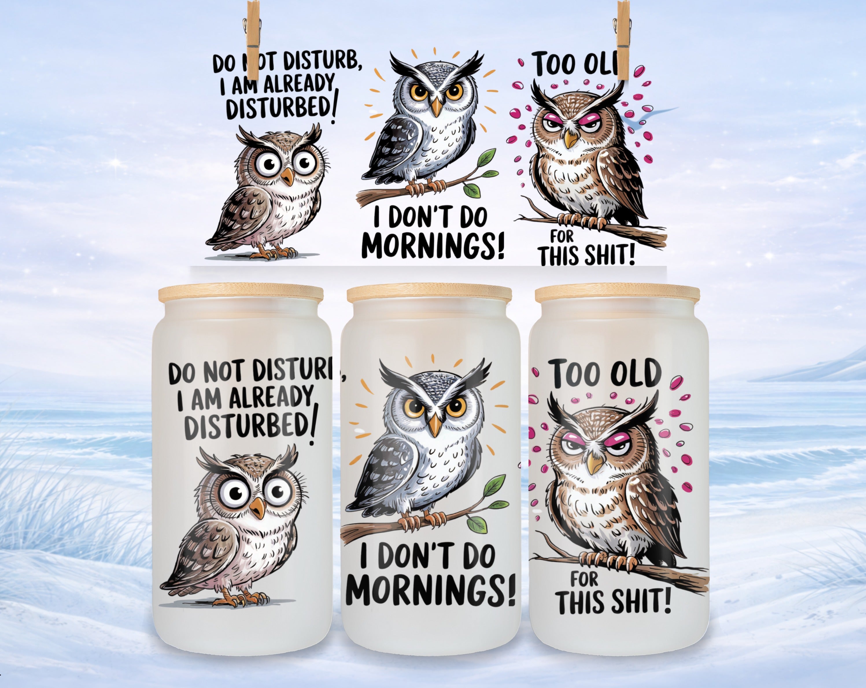 Two frosted glass tumblers with owls and humorous "disturbed" and "too old" text.