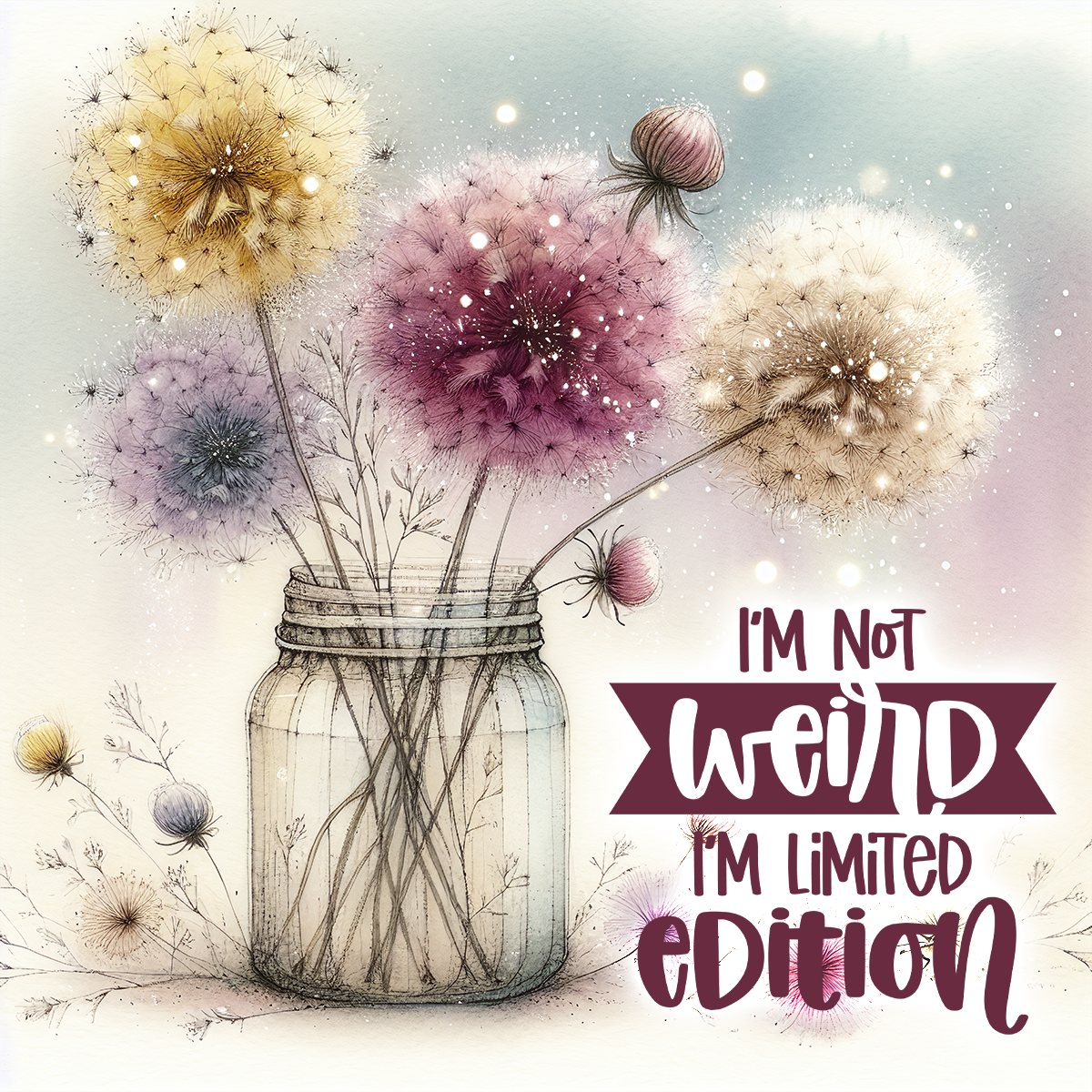 Dandelions in a jar with text "I'm not weird I'm limited edition".