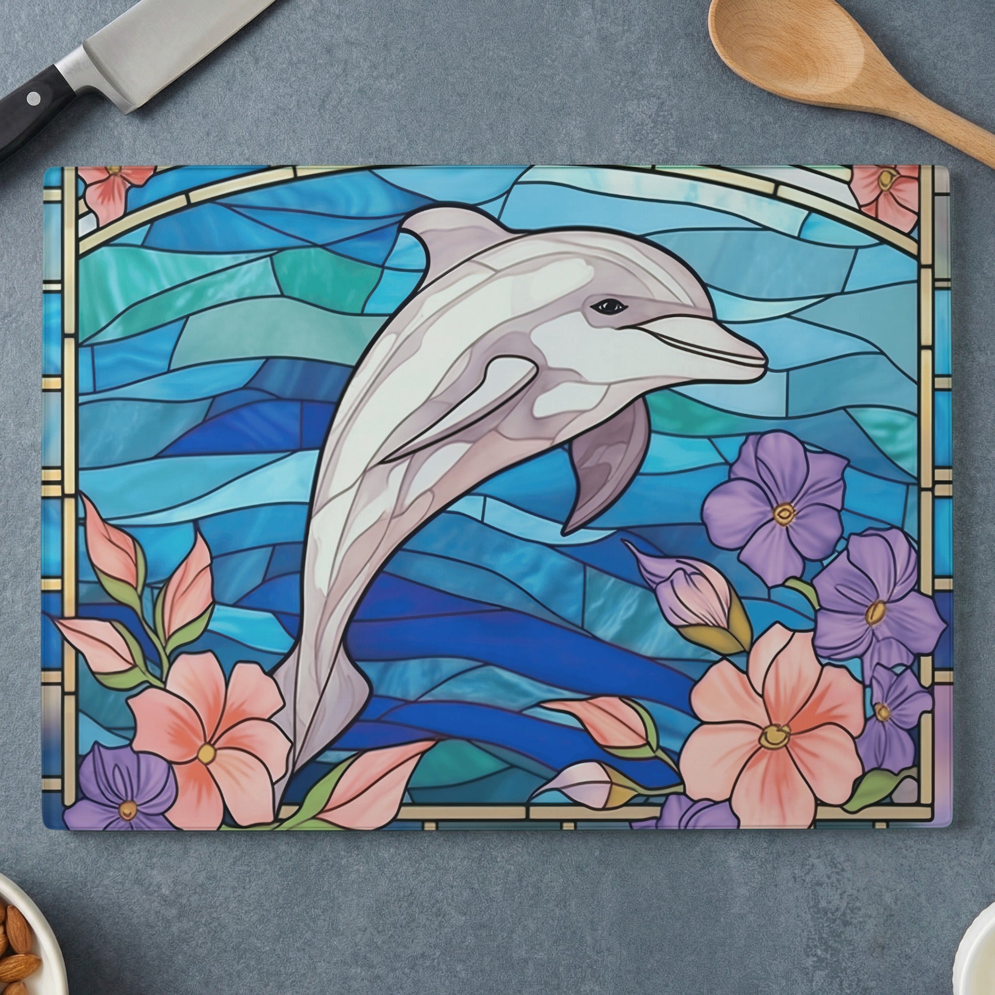 Stained glass cutting board with a dolphin and flowers on a blue background.