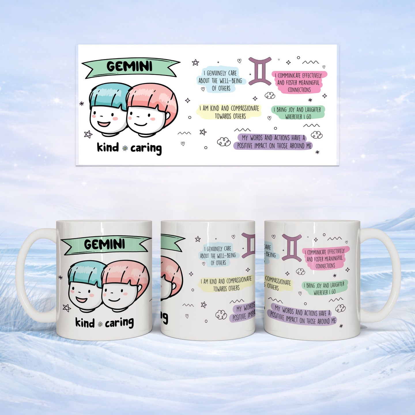 Gemini mug with astrological sign and kind, caring text and illustrations.