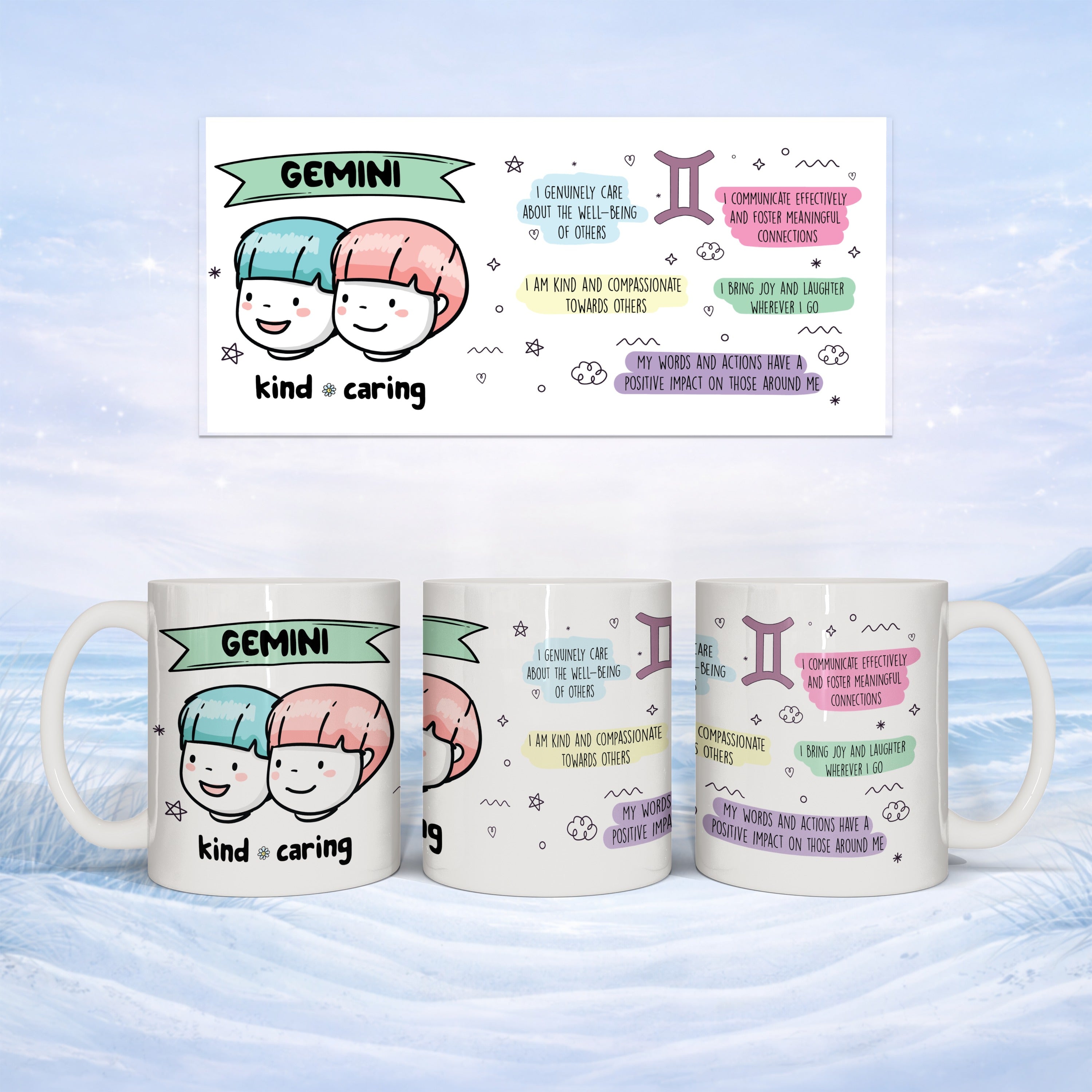 Gemini mug with astrological sign and kind, caring text and illustrations.