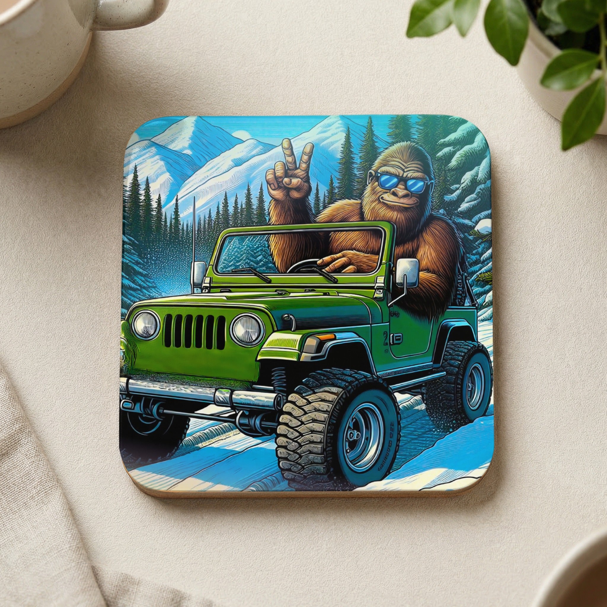 Bigfoot in sunglasses drives green Jeep through snowy mountains, giving peace sign.