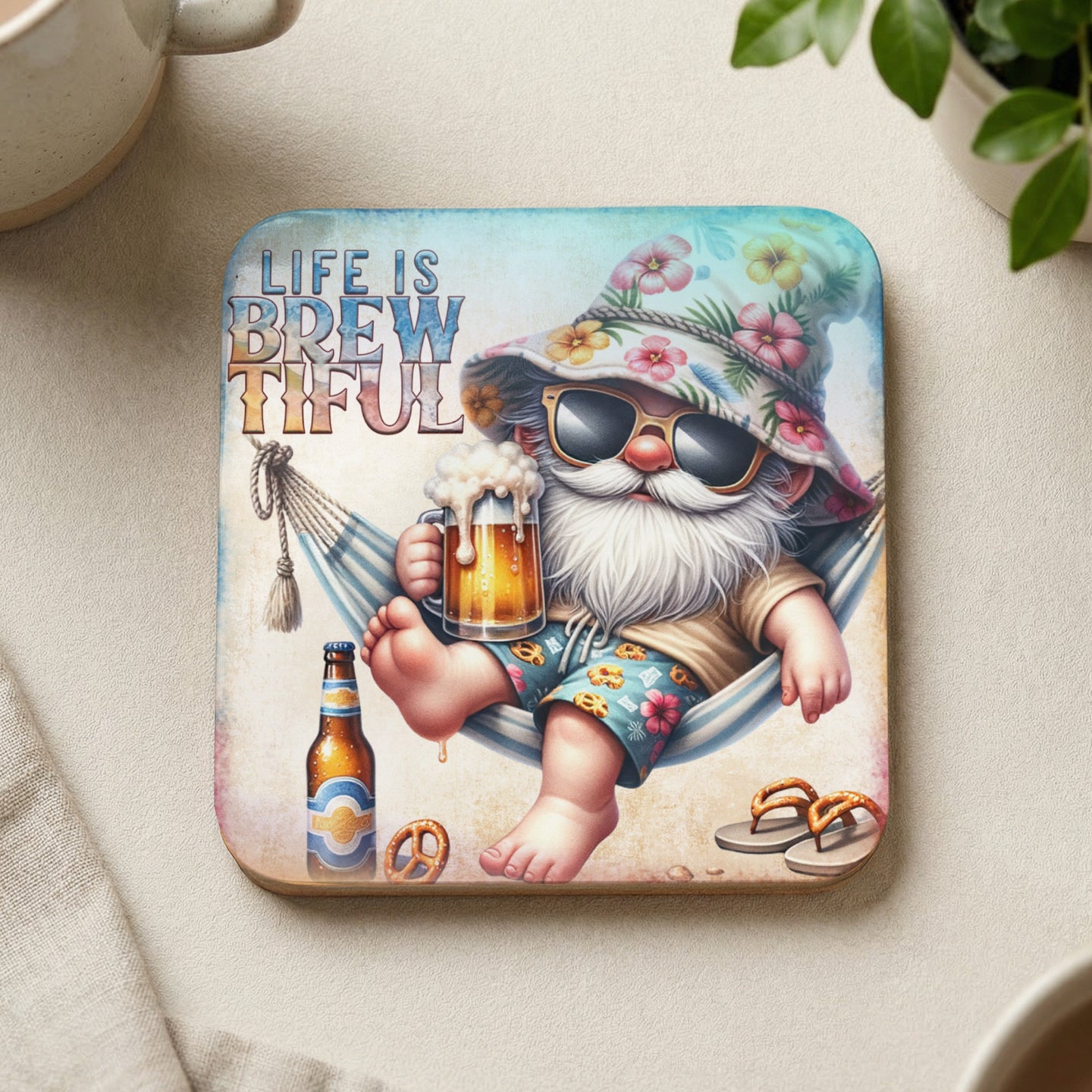 Gnome in hammock with beer, "Life is Brew Tiful" text.