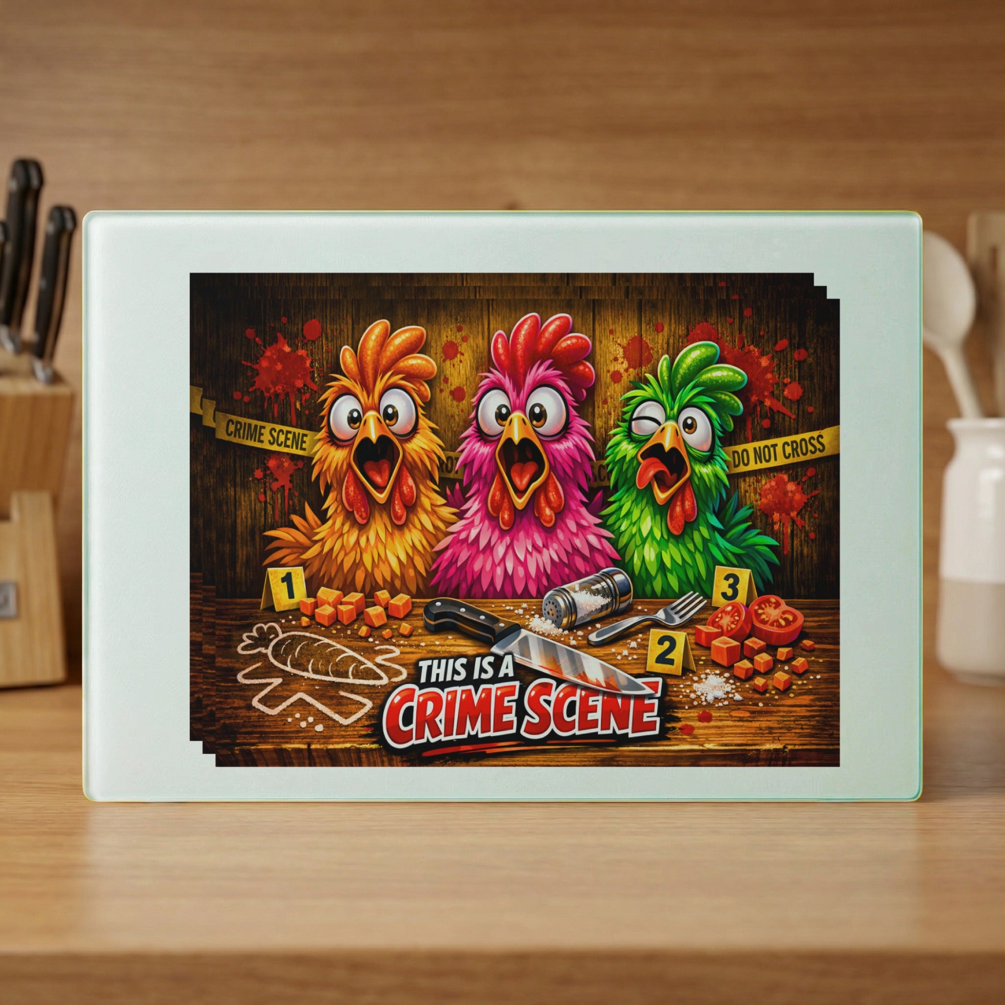 Three cartoon chickens with surprised expressions on a cutting board with "This is a crime scene" text.